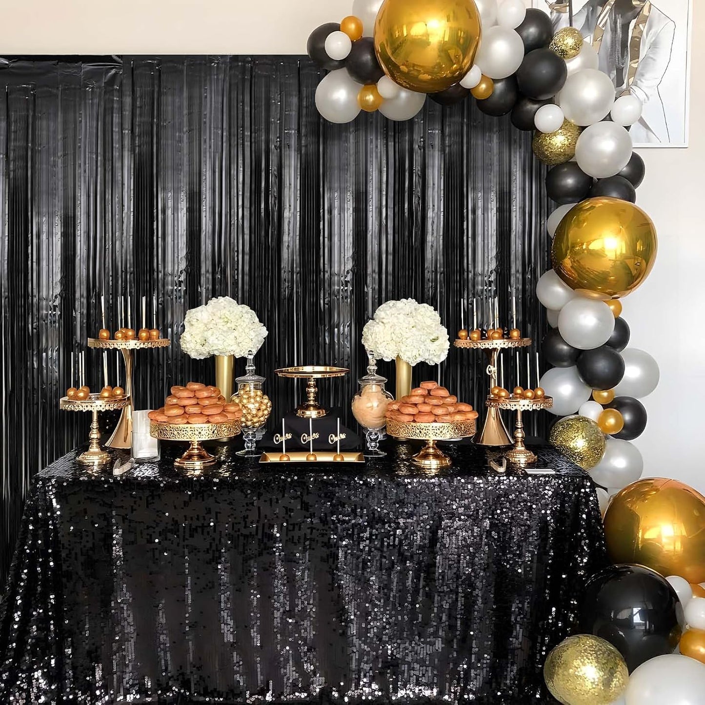 6 Pack Black Foil Fringe Curtains Streamers Party Decorations 3.3 x 8.2 ft, Black Tinsel Curtain Fringe Backdrop for Parties, Door Fringe Birthday Streamers, Photo Booth Backdrops, Party Decor
