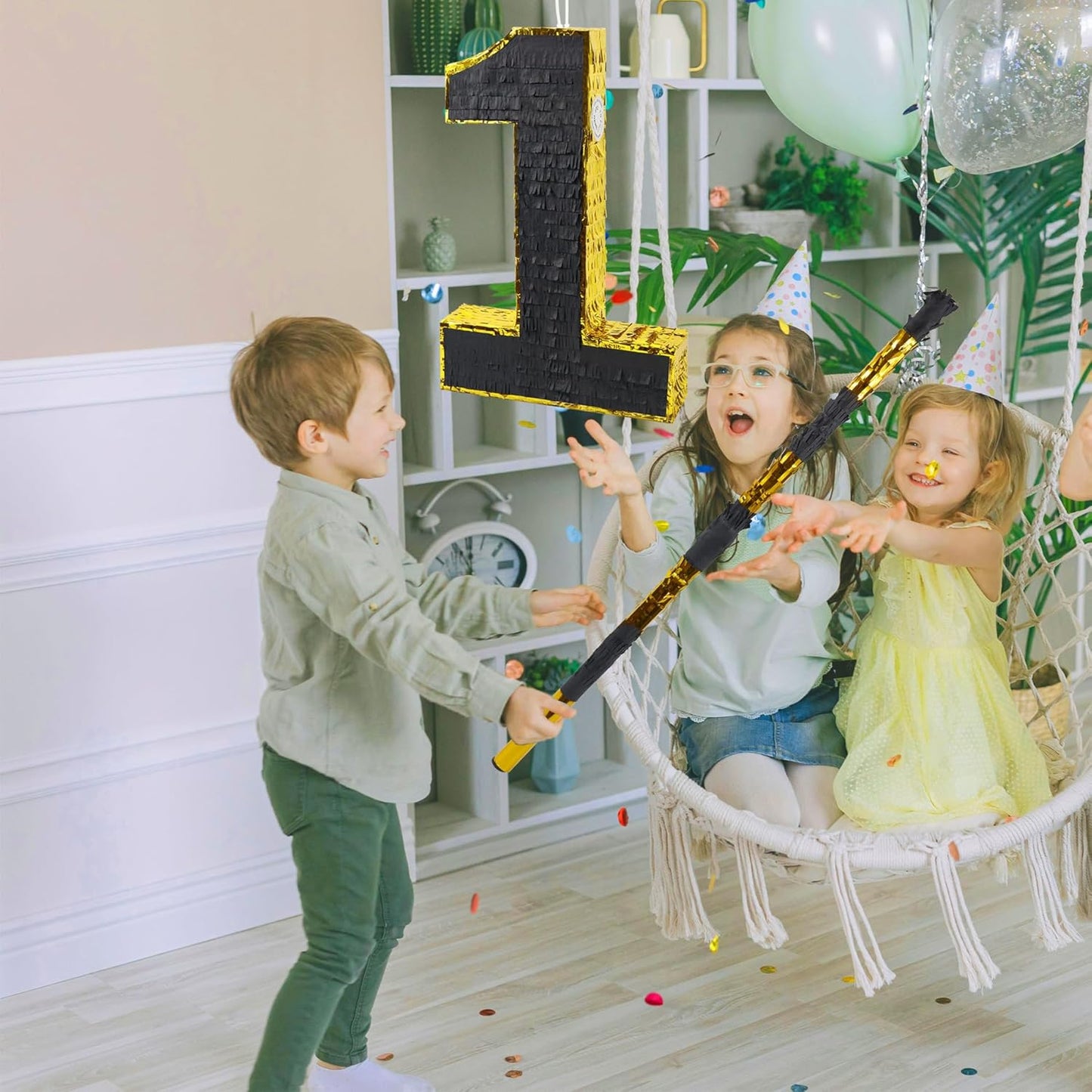 PCFING 20 Inch Number 1 Piñata Gold Black with 30 Inch Piñata Stick Blindfold Confetti for Man Women Boys Girls Birthday Party Decorations, Anniversary Celebration, Fiesta