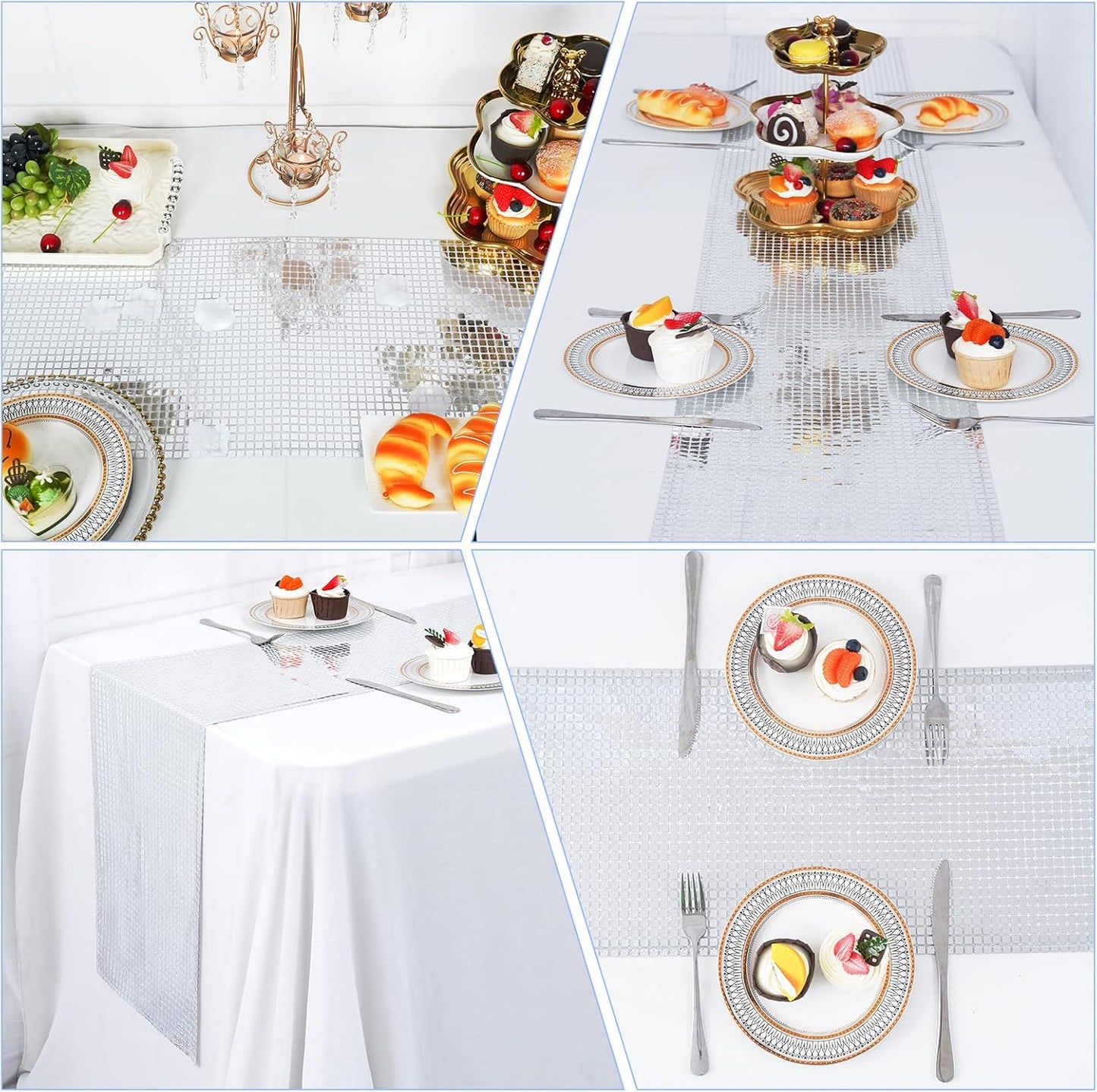 SquarePie Disco Table Runner 6 Pack - Silver Mirror Sequin Glitter Foil Runner for Disco Party Decor Retro 70s 80s Theme, Bachelorette Birthday Dance Decoration 12x108 Inch