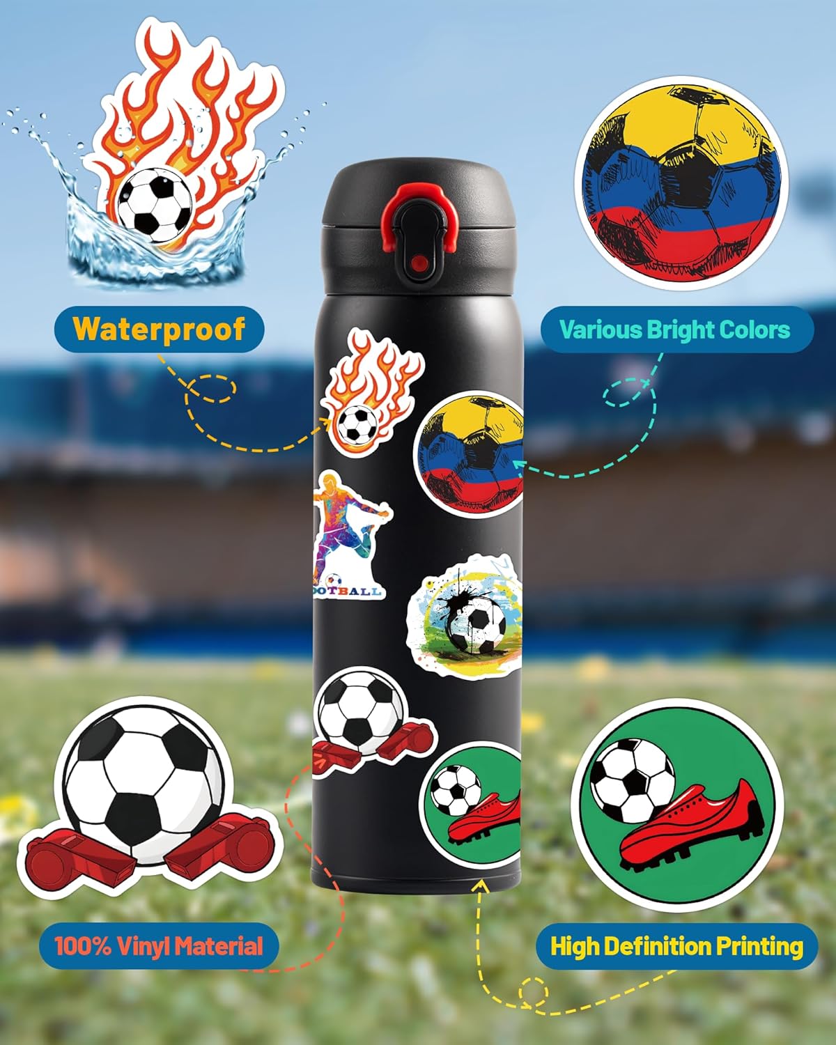 100 Pcs Sport Stickers for Kids, Soccer Water Bottle Stickers, Vinyl Waterproof Laptop Sticker for Water Bottle, Bulk Sticker Packs for Boys Kids Classroom Prizes for Elementary Students