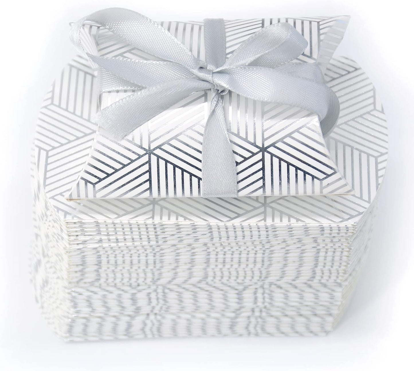 Aokbean 100 Pack Mini Pillow Candy Box Small Gift Boxes with 50 Yards Ribbon for Christmas Wedding Party Favor Gift, Jewelry or Soap Packaging (Silver Stripes)