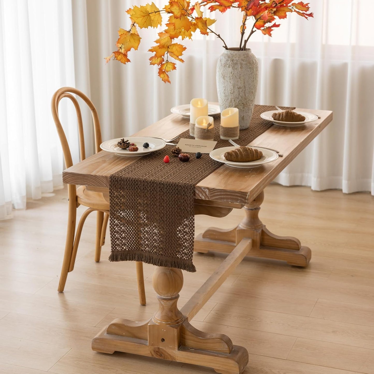 Boho Brown Table Runner for Home Decor 12x48 Inches Farmhouse Macrame Burlap Jute Rustic Dining Kitchen Centerpiece Bohemian Decor French Country Baby Bridal Shower Decorations