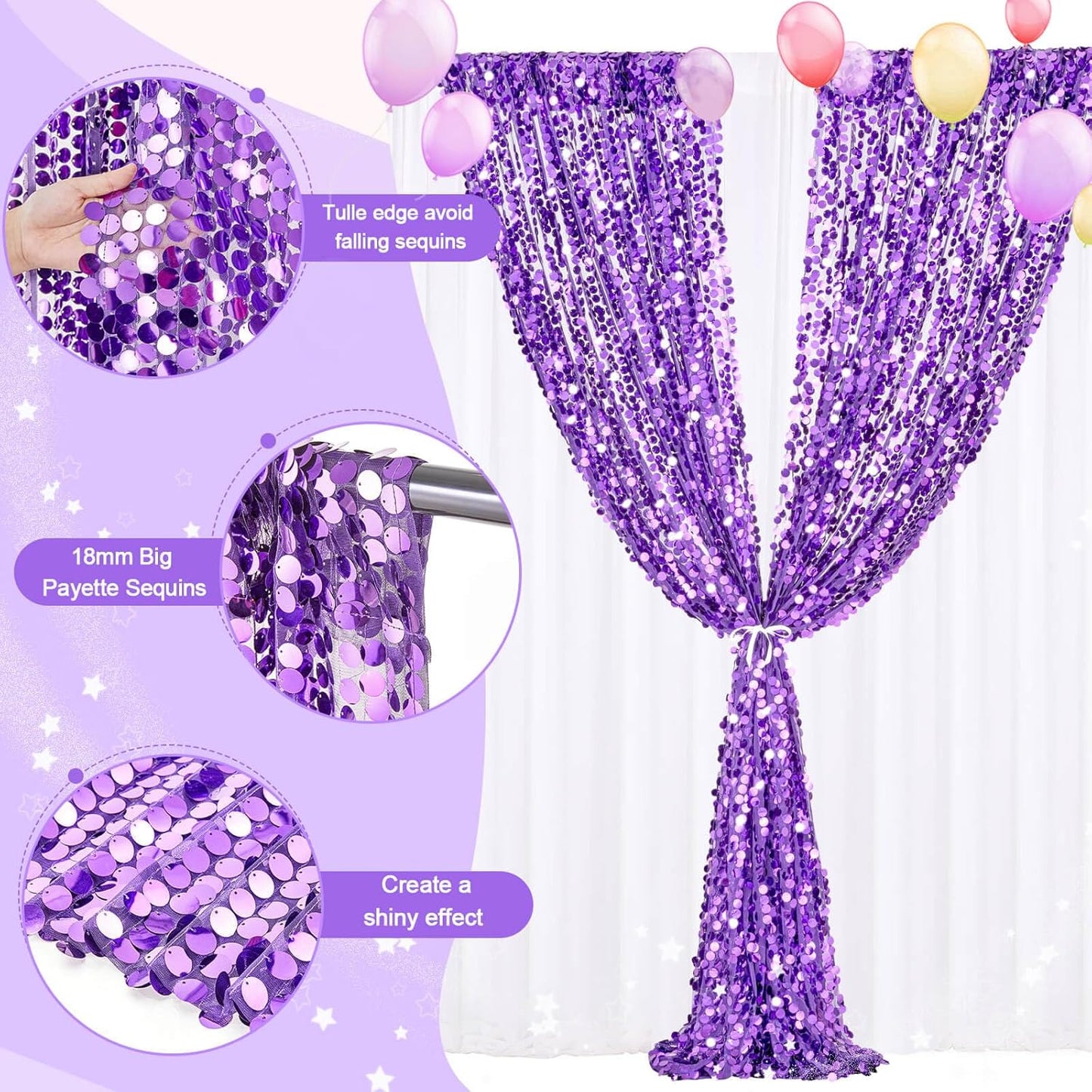 Backdrop Curtains 2 Packs 4x8FT Purple Party Theme Decoration Wedding Sequin Background