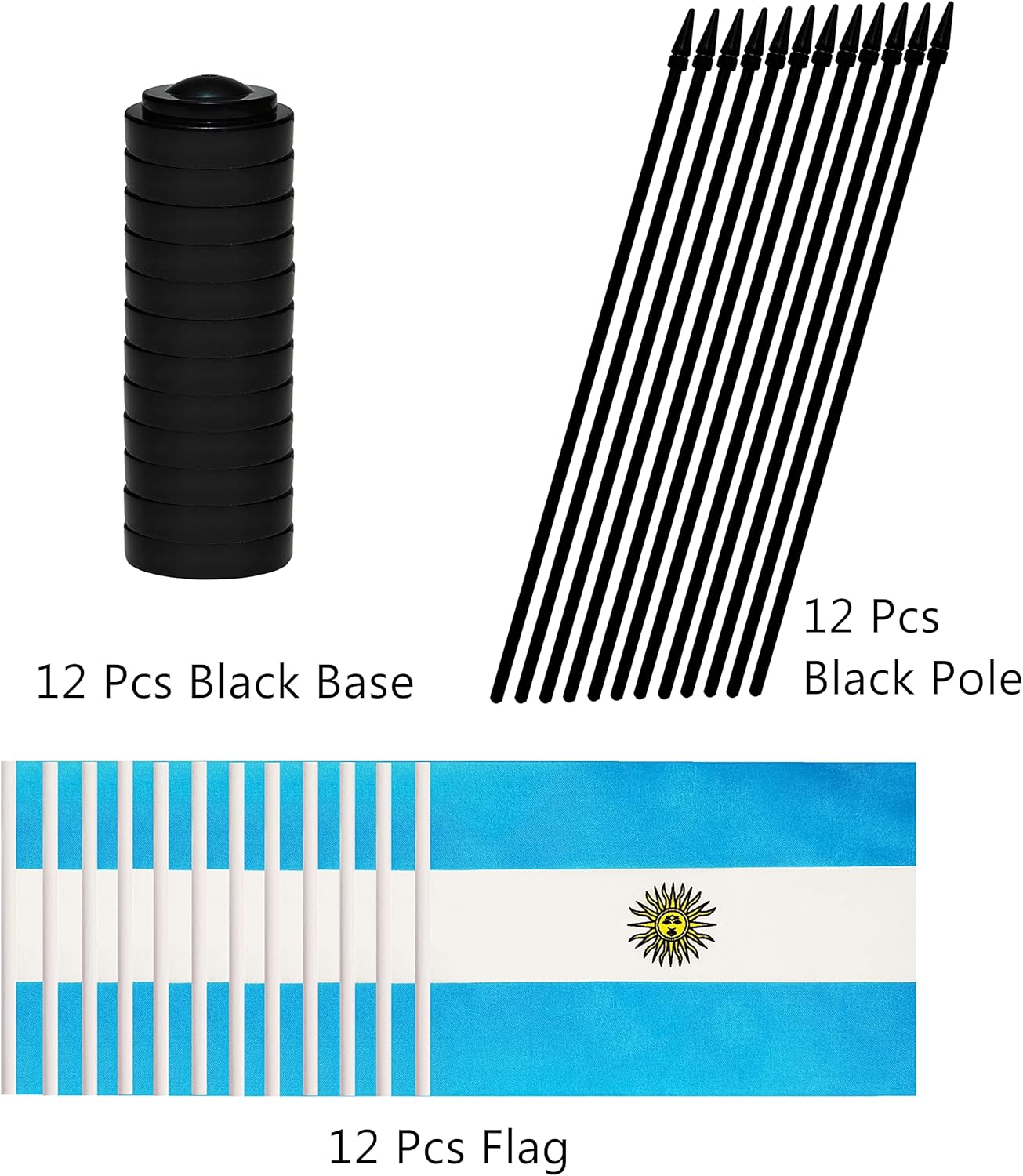 12 Pack Argentina Desk Flags Set, Argentine Small Mini Table Office Flags with 12" Solid Black Pole, 8.2 x 5.5 Inches, Home and Office Decoration, Festival Celebrations