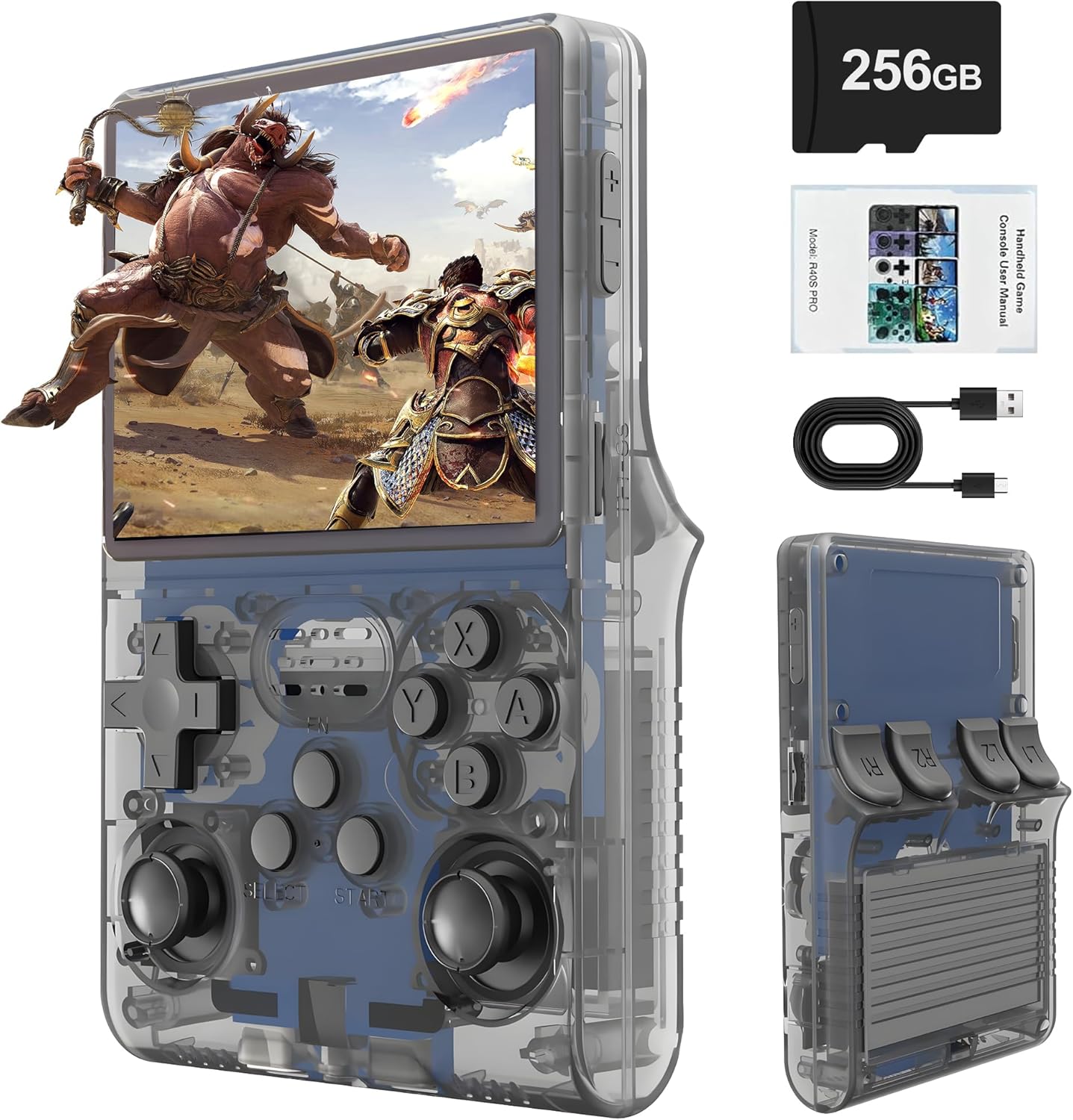 R40S PRO Retro Gaming Console, 30000+ HD Games Handheld Game Console, 3800mAh Rechargeable Mini Retro Video Console with 256GB TF Card, Portable Pocket Arcade (Transparent Grey)