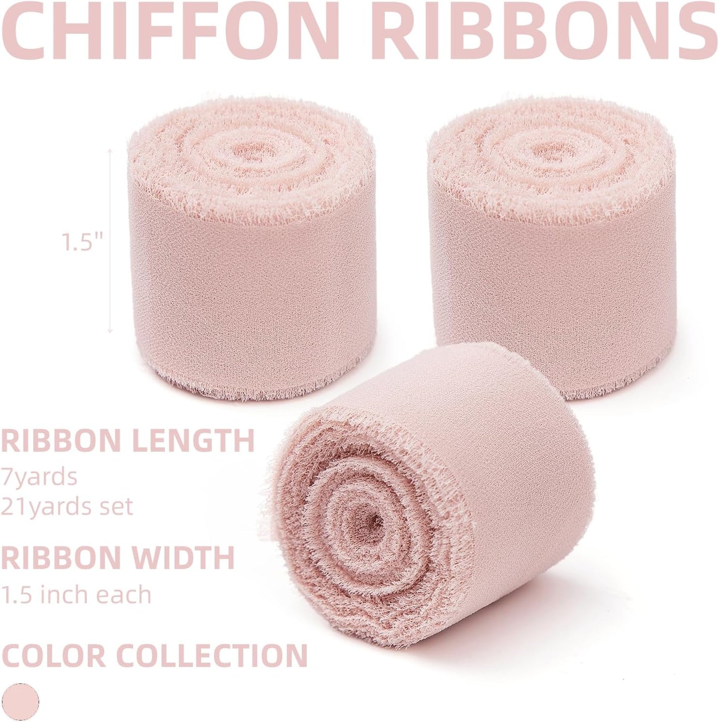 3 Rolls Light Pink Handmade Chiffon Ribbon,1.5" x 21Yd Frayed Fringe Silk Ribbons (3 Rolls *7Yd) for Gifts Wrapping, Wedding Invitations, Bridal Bouquets, Decorations