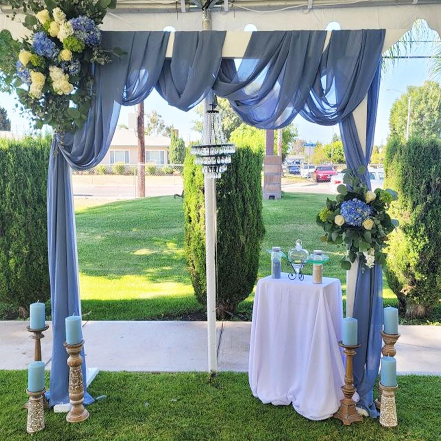 20Ft length x 28" width 2 Panels Wedding Arch Draping Fabric Dusty Blue Arch Drapes Chiffon Fabric Sheer Curtains Backdrop for Party Bridal Decorations Wedding Ceremony Ceiling Stage Reception Decor