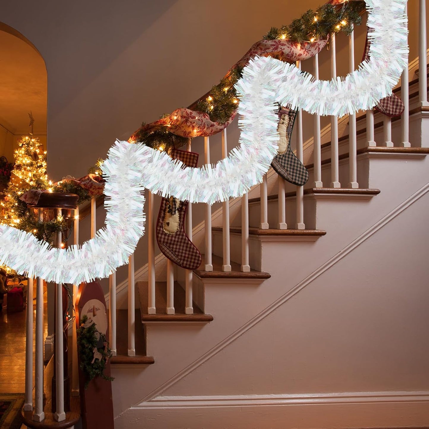 72 Feet Christmas Tinsel Garland Shiny Metallic Tinsel Twist Garland Streamers Ornaments Long Glitter Christmas Tree Hanging Decorations for Party Holiday Wedding Birthday Tree Wall Rail (White)