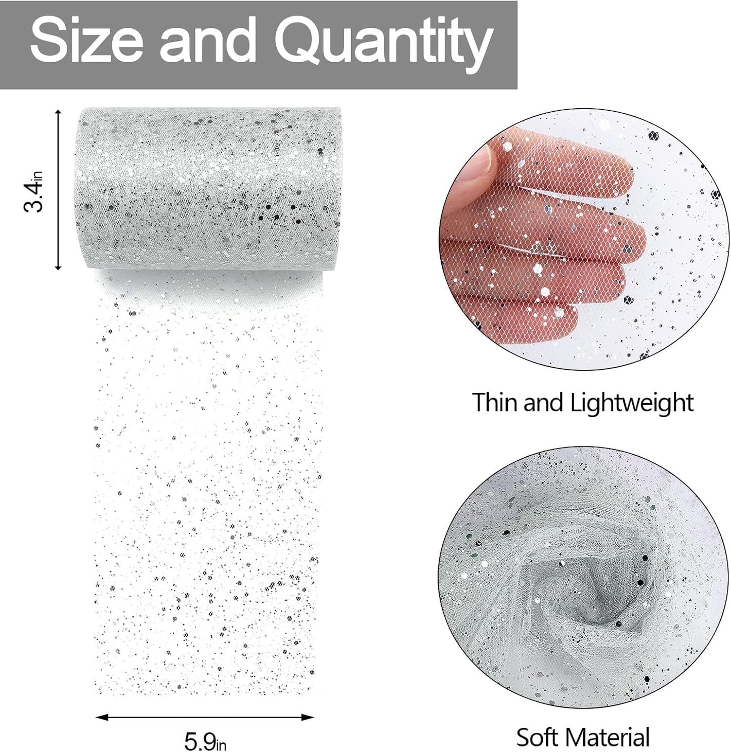 Glitter Tulle Rolls, 6” by 50 Yards (150FT) Sparkling Tulle Spool Ribbon Sequin Tulle Netting Fabric for Tutu Skirt Wedding Birthday Baby Shower (White)