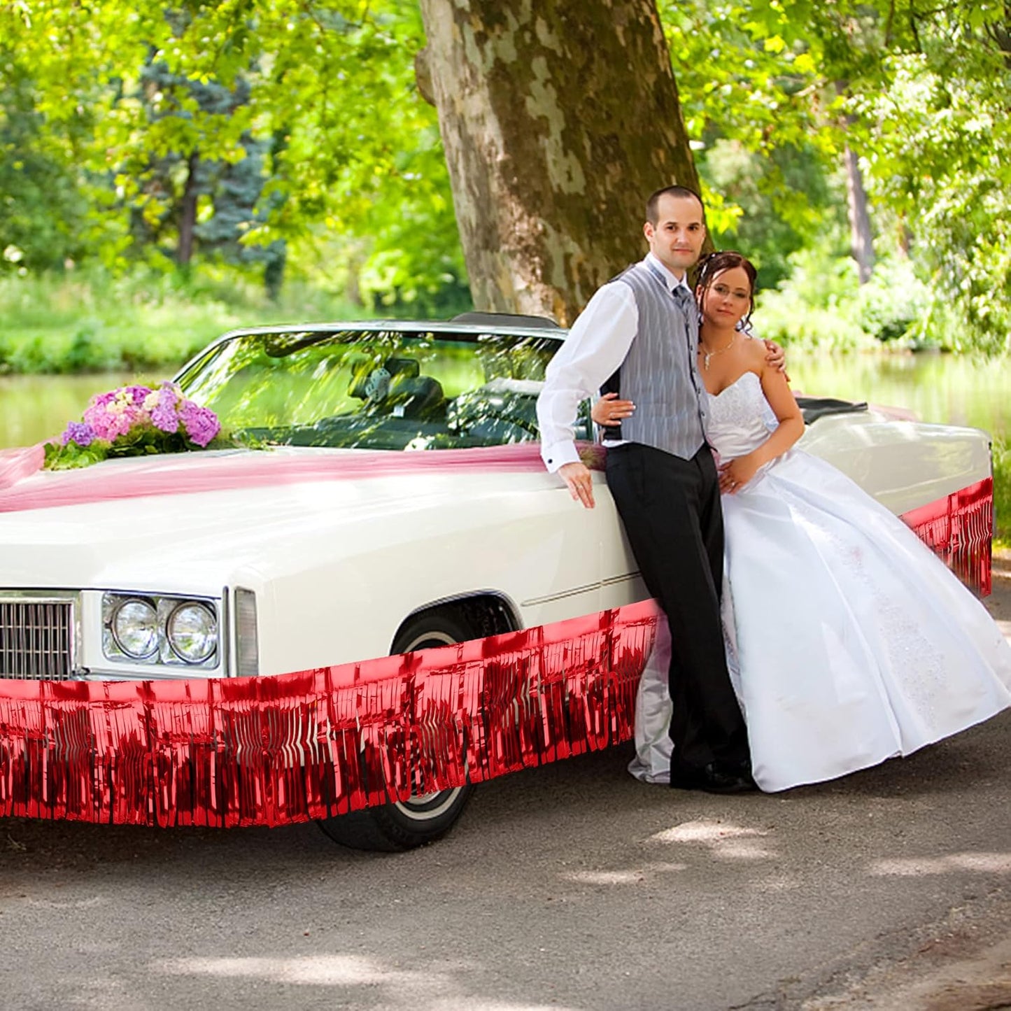 4 Pack Fringe Curtains, Metallic Foil Fringe Garland Shiny Tassel Float Parade Decorations for Trailer Car Graduation Homecoming Outdoor Indoor 4th of July Party (Red)