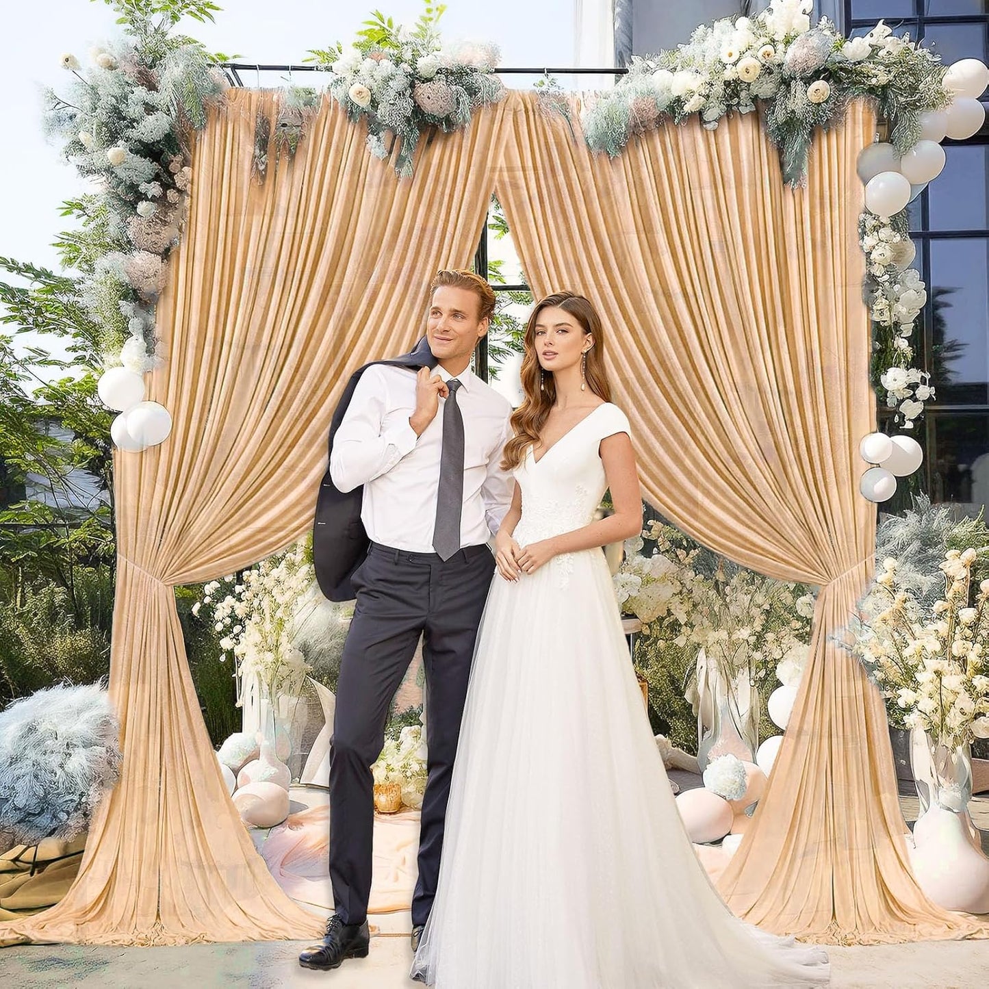 10 x 7 Feet Champagne Backdrop Curtain for Partie, Background Curtains for Photoshoot, Birthday, Wedding, Halloween, Thanksgiving, Christmas Day, New Year Party Decorations 5Ft x 7Ft, 2 Panels