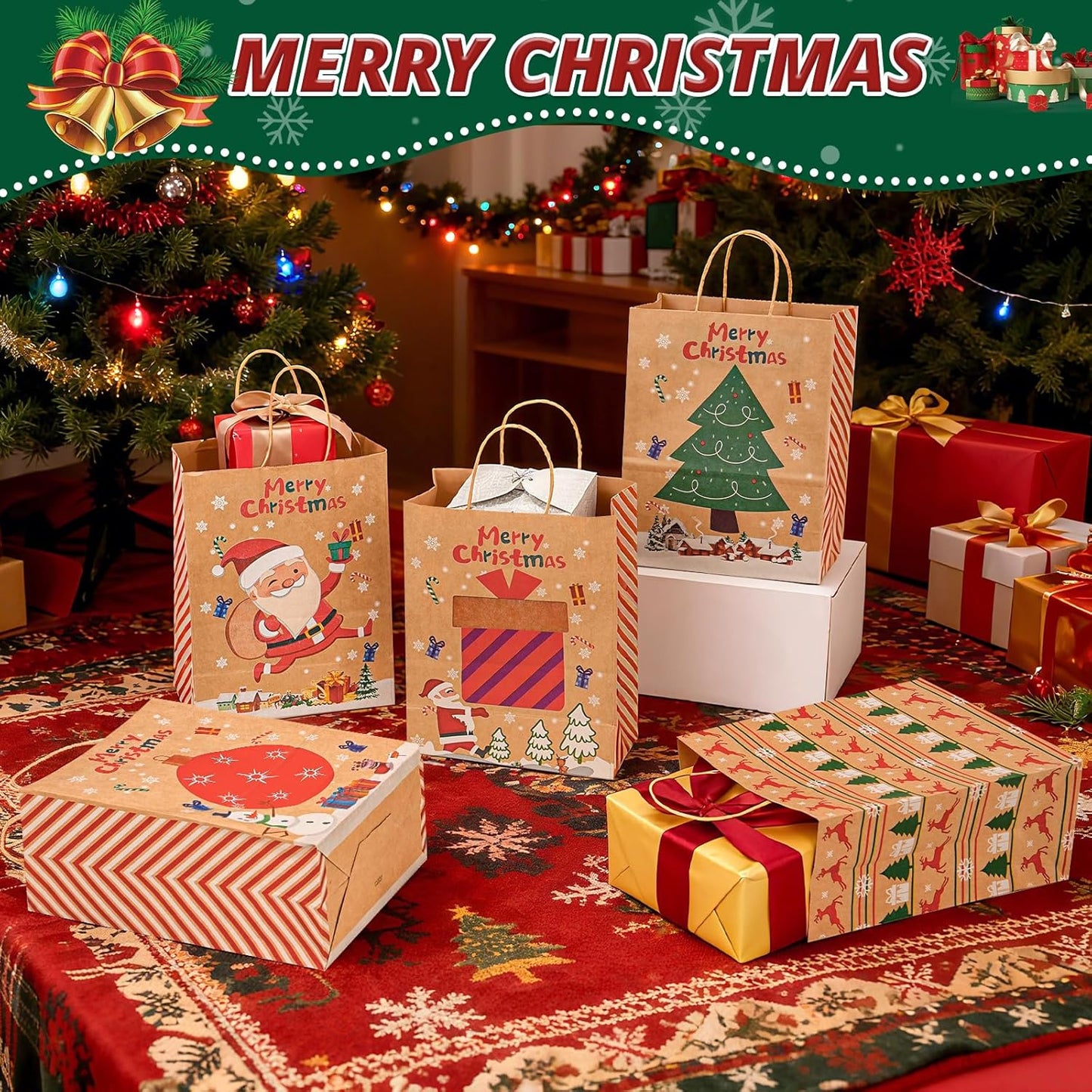 LYLIN 10Pcs Kraft Christmas Gift Bags, Christmas Tote Bags with Handles for Holiday, Reusable Xmas Treat Bags for Wrapping Gifts, Party Favors and Holiday Decor (5 Medium, 5 Small)