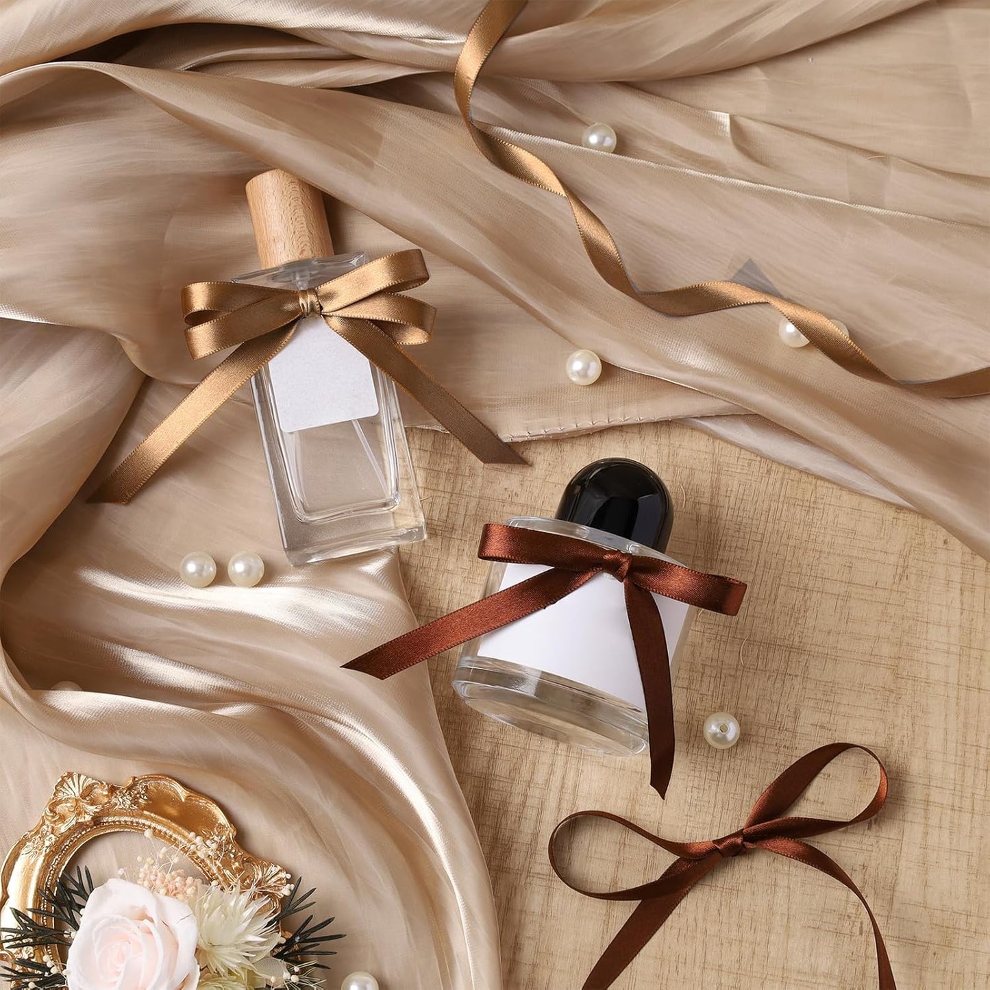 LaRibbons Brown Ribbon 3/8 Inch 25 Yards Luxury Double Faced Friar Brown Silk Ribbon for Flower Bouquet Crafts Gift Wrapping Wedding Party Decoration