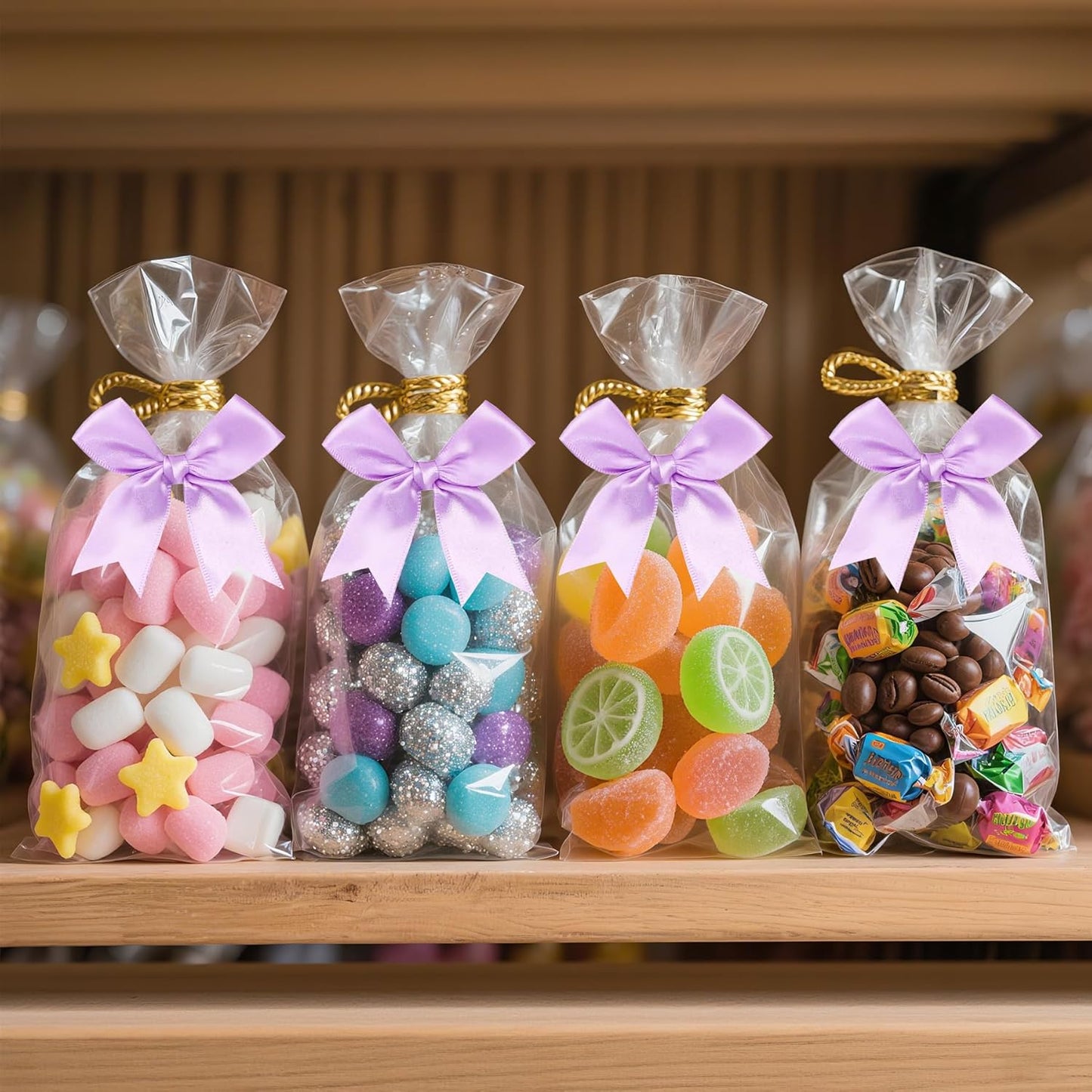 50 PCS Twist Tie Bows Satin Ribbon Bows 3.3 Inch Gift Wrap Bows Craft Bows for Gift Wrapping, Party Decorations Gifts Bag DIY Treat Bags Wedding Decor Baby Shower Christmas (Light Purple)