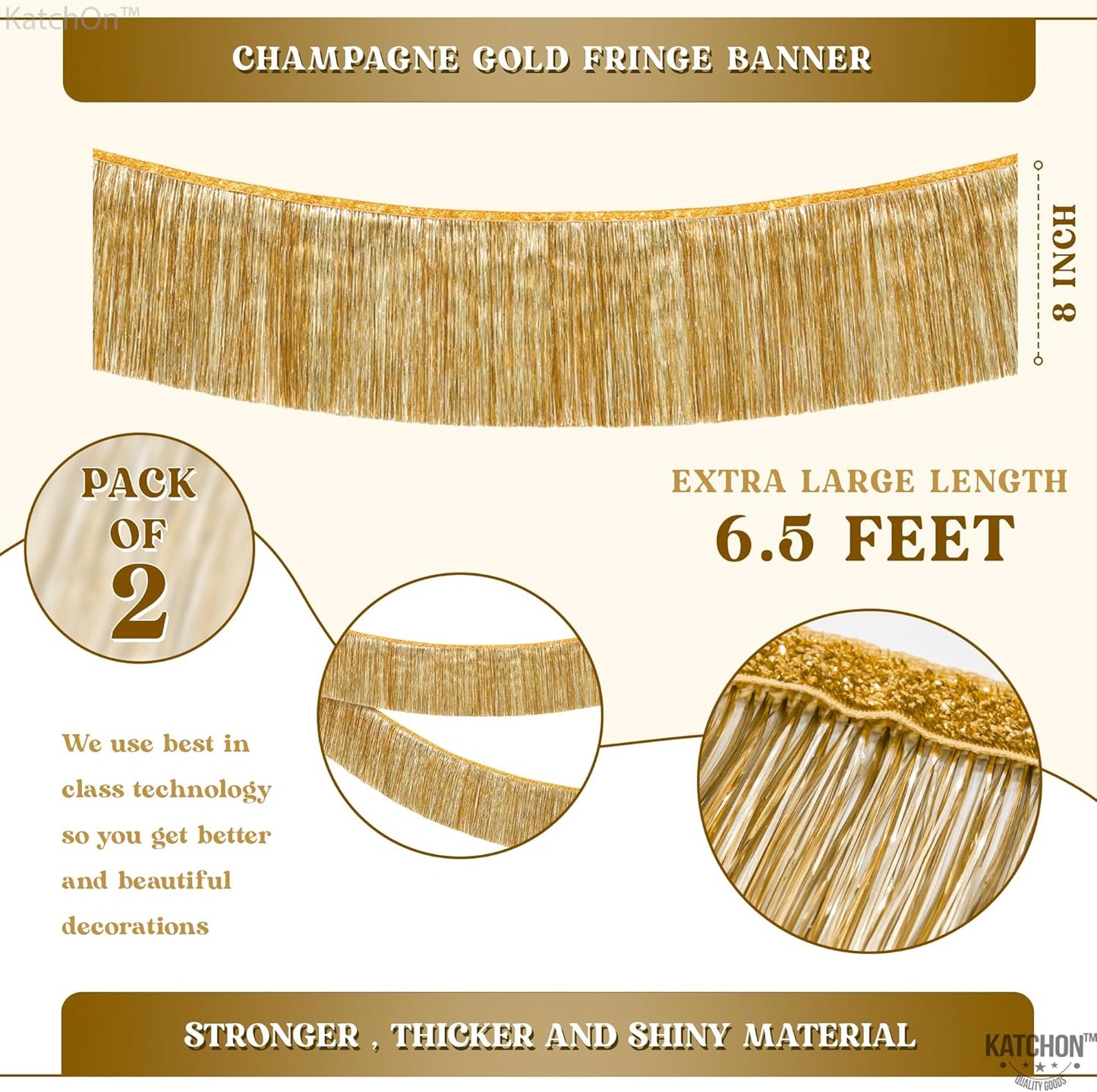 KatchOn, Large Champagne Gold Fringe Garland - 6.5 Feet, Pack of 2 | Foil Fringe Banner for 50th Birthday Decorations | Gold Streamers for Casino, Bachelorette, Retirement, Anniversary Decorations