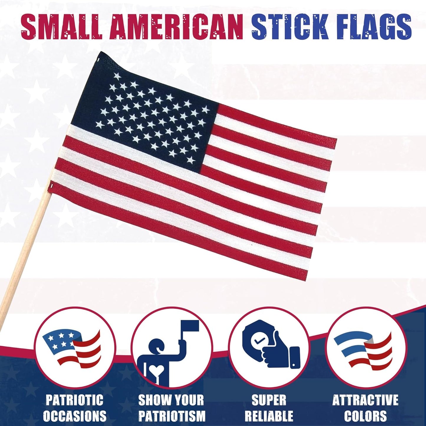 Super Tough Small American Stick Flags 4’’x6’’ - No Tip | Cotton Outdoor Flag on 10’’ Wooden Stick | Hand Held Flags Patriotic Decor for Various Holiday Parties and National Flag Day | 500 Pack