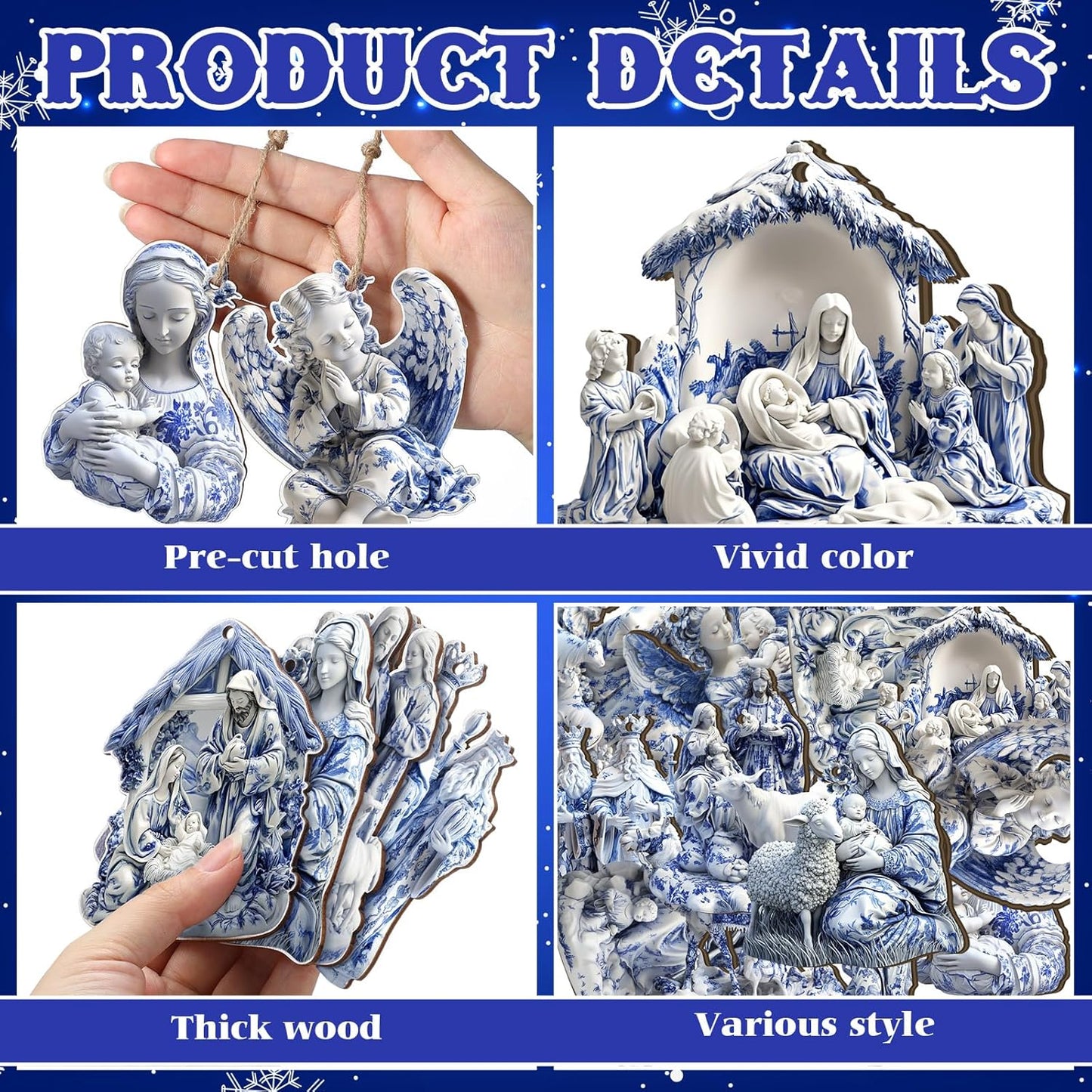 Suzile 36 Pcs Christmas Wooden Ornaments Nativity Scene Tree Decorations Vintage Blue and White Chinoiserie Christian Religion Hanging Decorations for Tree Wreaths Xmas Hanging Wood Cutouts for Home