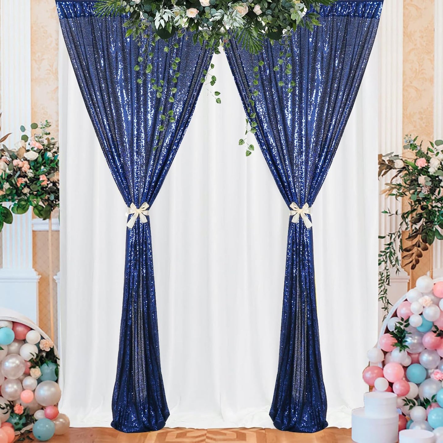 ShinyBeauty Navy Blue Sequin Backdrop 4x10ft (4 Panels) - Christmas Party Photo Booth, Winter Wedding Decor, Sparkle Curtain