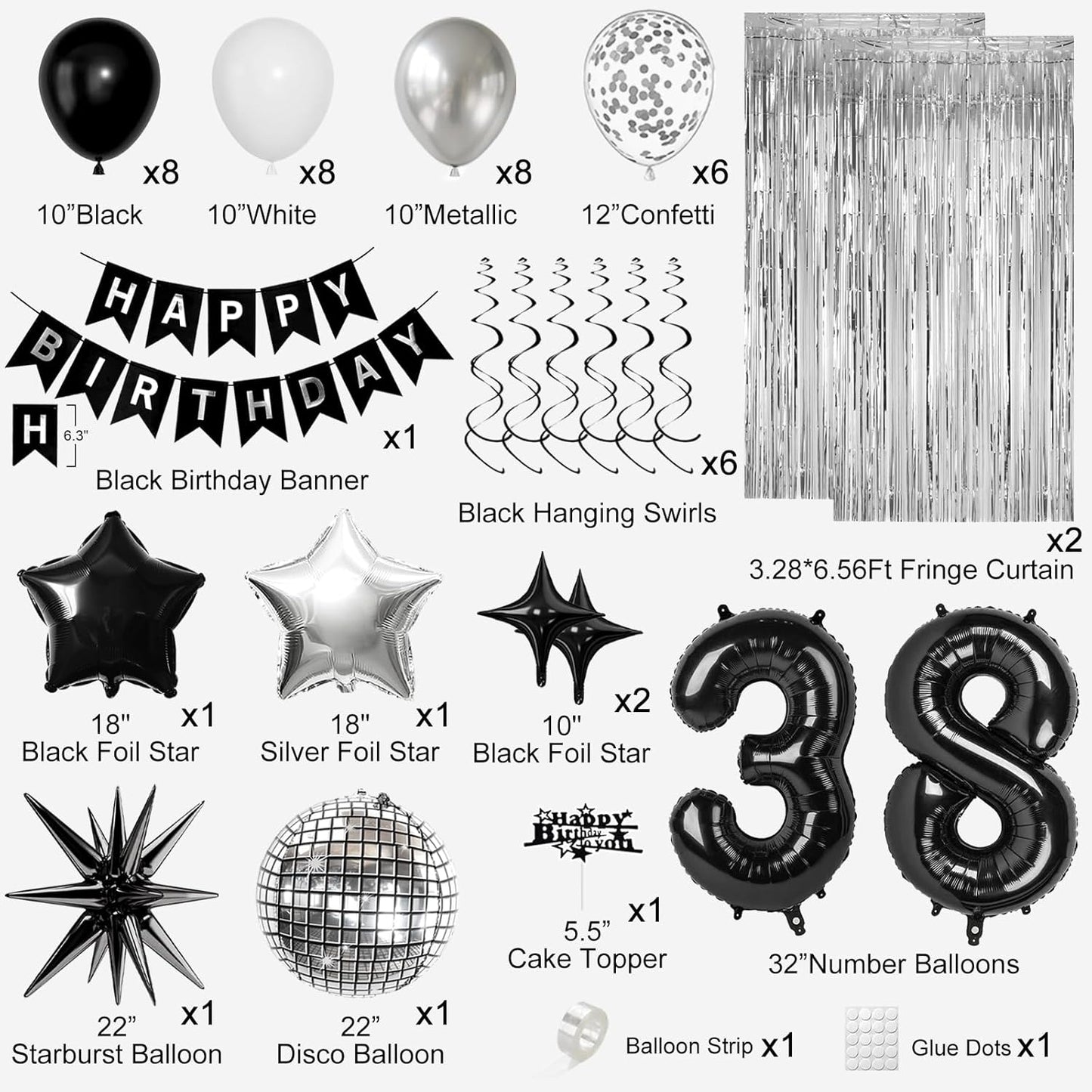 38th Birthday Decorations for Men Women, Black Silver Happy Birthday Party Decorations， 38 Year Old Party Supplies with Number 38 Balloons, Banner, Fringe Curtains Kit