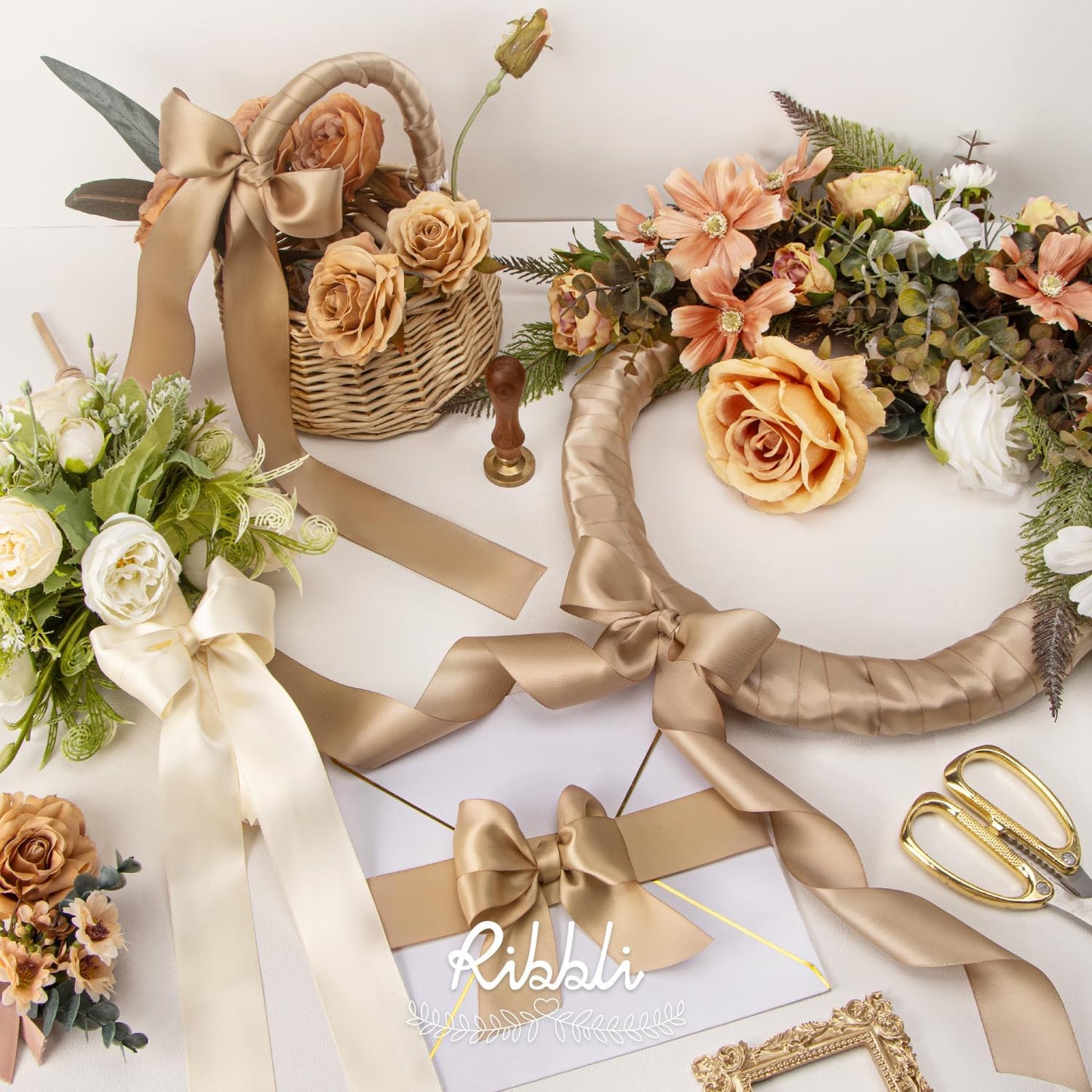 Ribbli Champagne Satin Ribbon 1-1/2 Inch x 4 Rolls Total 40 Yards-Ivory Champagne Purple Ribbon for Gift Wrapping Craft Wedding Decoration