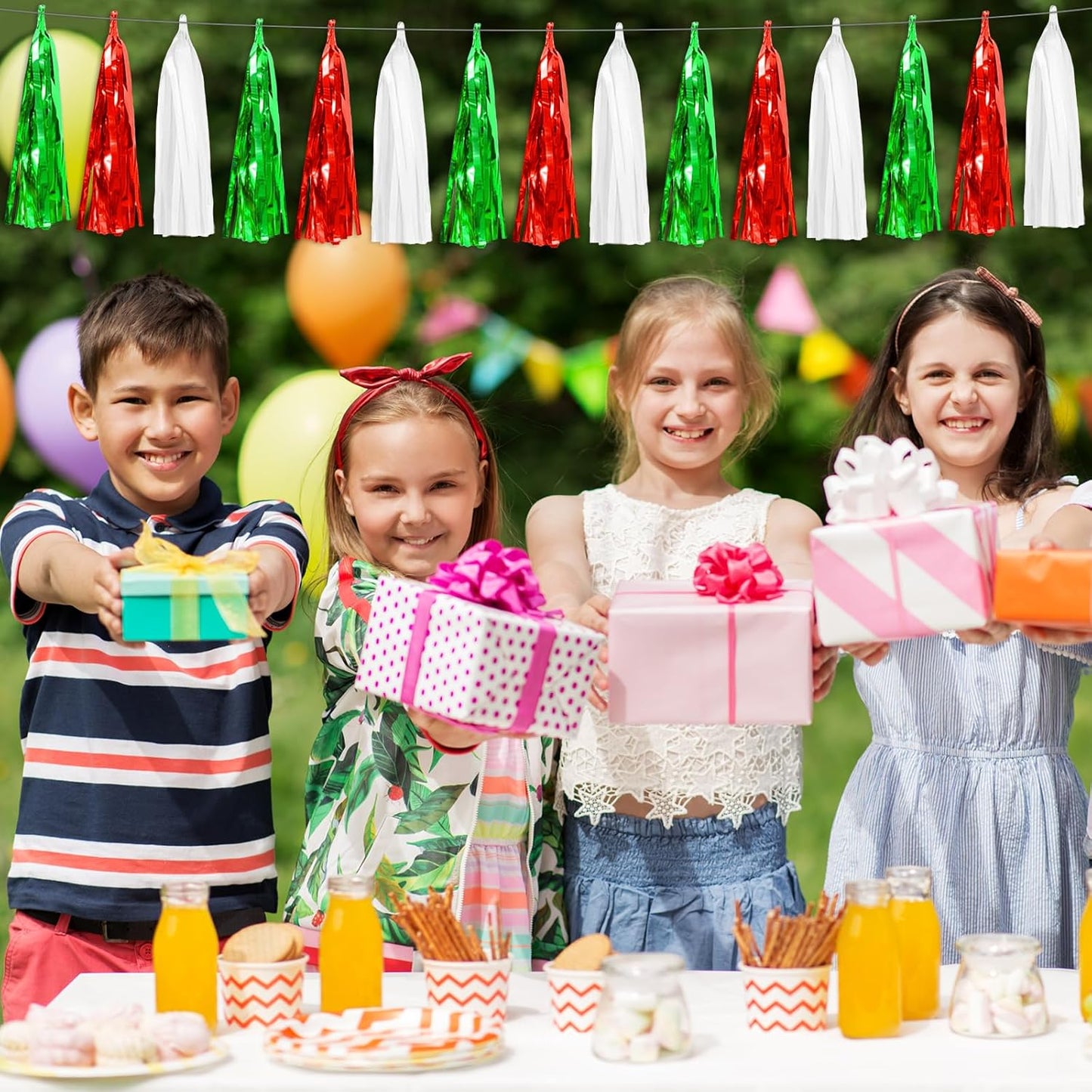 8P Red Green White Foil Fringe Metallic Tassel Streamers Banner Tassel Garland for Parade Floats, Graduation, Wedding, Birthday, Halloween, Christmas, Mexican Italian Birthday Party Decorations