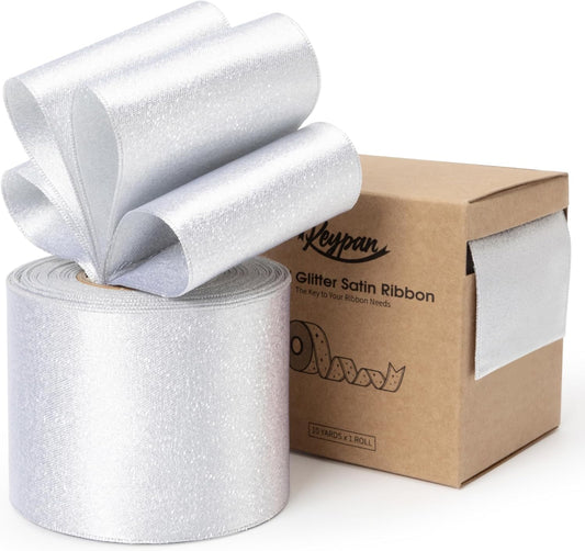 White Satin Wired Ribbon 2-1/2 Inch Double-Faced Sliver Glitter Christmas Ribbons for Wreath, Tree Decoration, Gift Wrapping, Home Decor 10 Yards