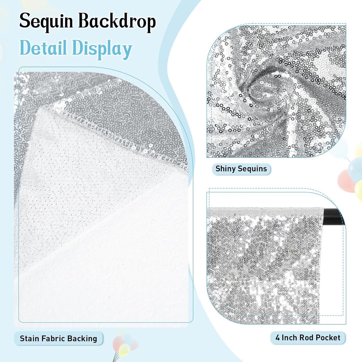 SquarePie Sequin Backdrop Curtain Not See Through Thick Glitter Background for Party 8FT x 10FT Silver