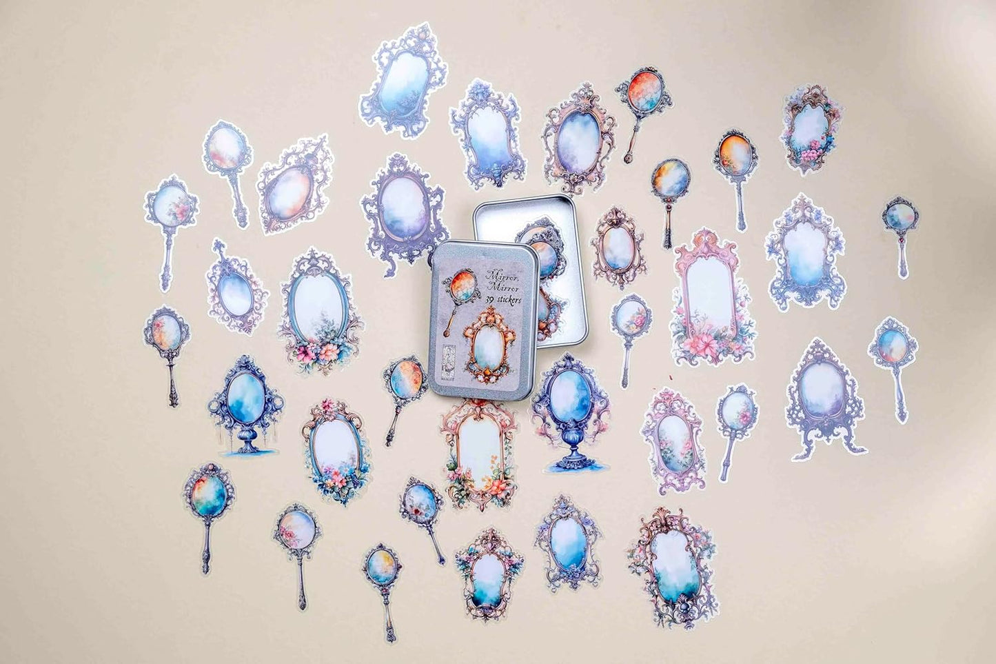 39 Pcs Mirror Mirror Sticker Set with Collectible Tin Box – Vintage Inspired Scrapbooking Stickers for Journals, Planners, Cards, DIY Crafts, Collage, Decorative Stationery & Creative Projects