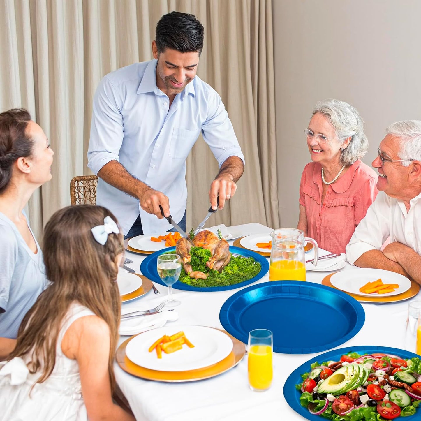 QZYL 50 Count Blue Oval Large Paper Plates, 12.2'' X 10.2'', Bulk Dinner Plates for Birthday, Picnic, Holiday, Camping, Barbecue, Baby Shower Parties