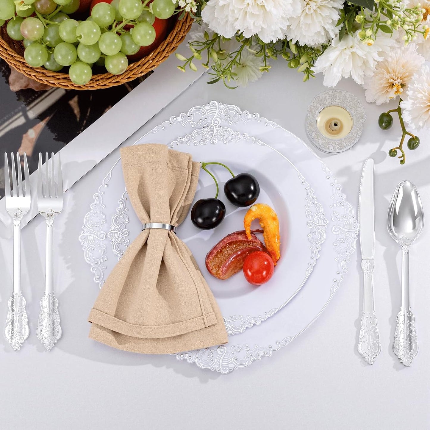 300Pieces Silver Plastic Silverware - Heavy Duty Silver Disposable Utensils - Fancy Plastic Cutlery Set Includes 100 Forks, 100 Spoons, 100 Knives for Dinner Parties Weddings