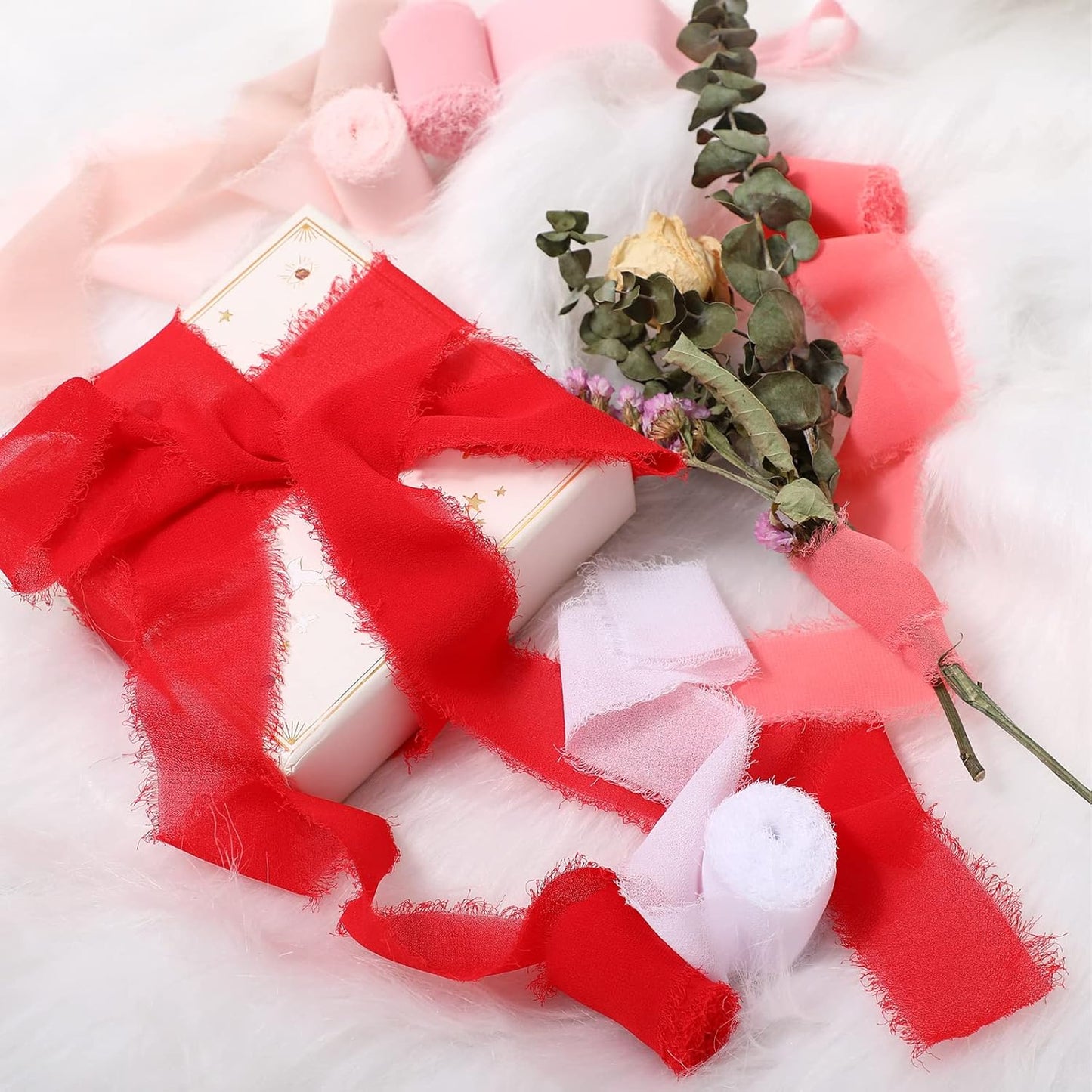 6 Rolls Handmade Fringe Chiffon Silk Ribbon 1.5" x 3 Yd Colorful Ribbon for Wedding Invitations, Bridal Bouquets, Gifts Wrapping, DIY Crafts (Pink Red Set)