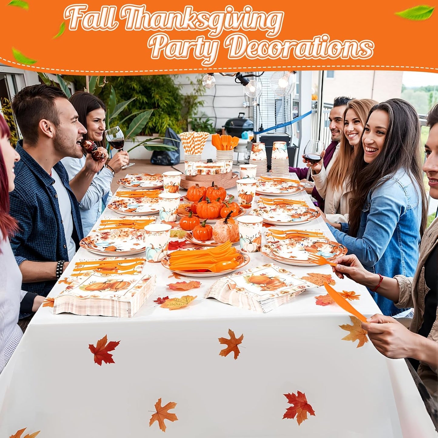 452 Pcs Fall Party Decorations Thanksgiving Party Supplies Fall Maple Leaves Pumpkins Paper Plates Napkins Cups Tablecloth Cutlery Straws for Autumn Thanksgiving Harvest Birthday Holiday