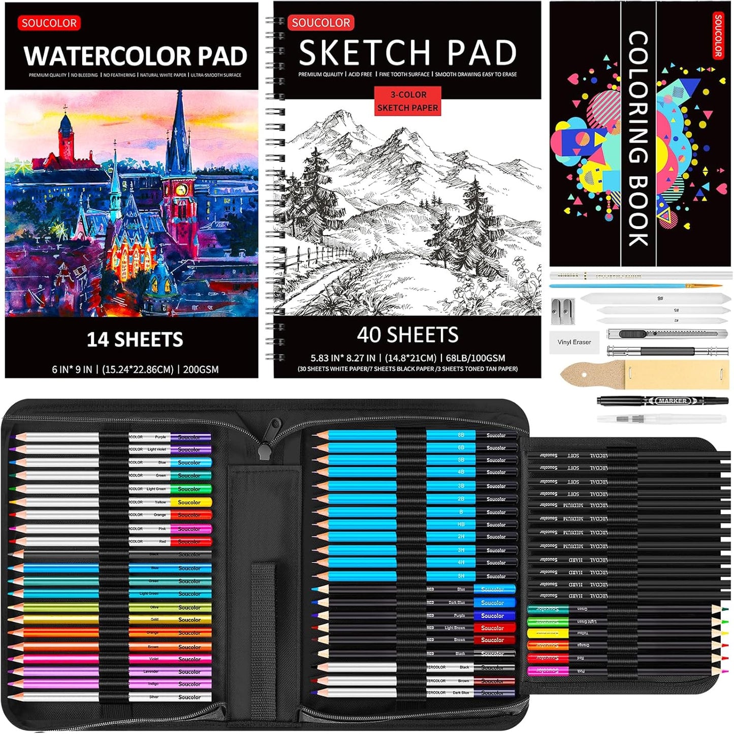 Art Supplies, Soucolor 76 Pack Drawing Set Sketching Kit, Christmas Gifts Box for Adult Kids Teen Girls: 3-Color SketchBook, Watercolor Pad, Coloring Book, Charcoal Colored Watercolor Metallic Pencils