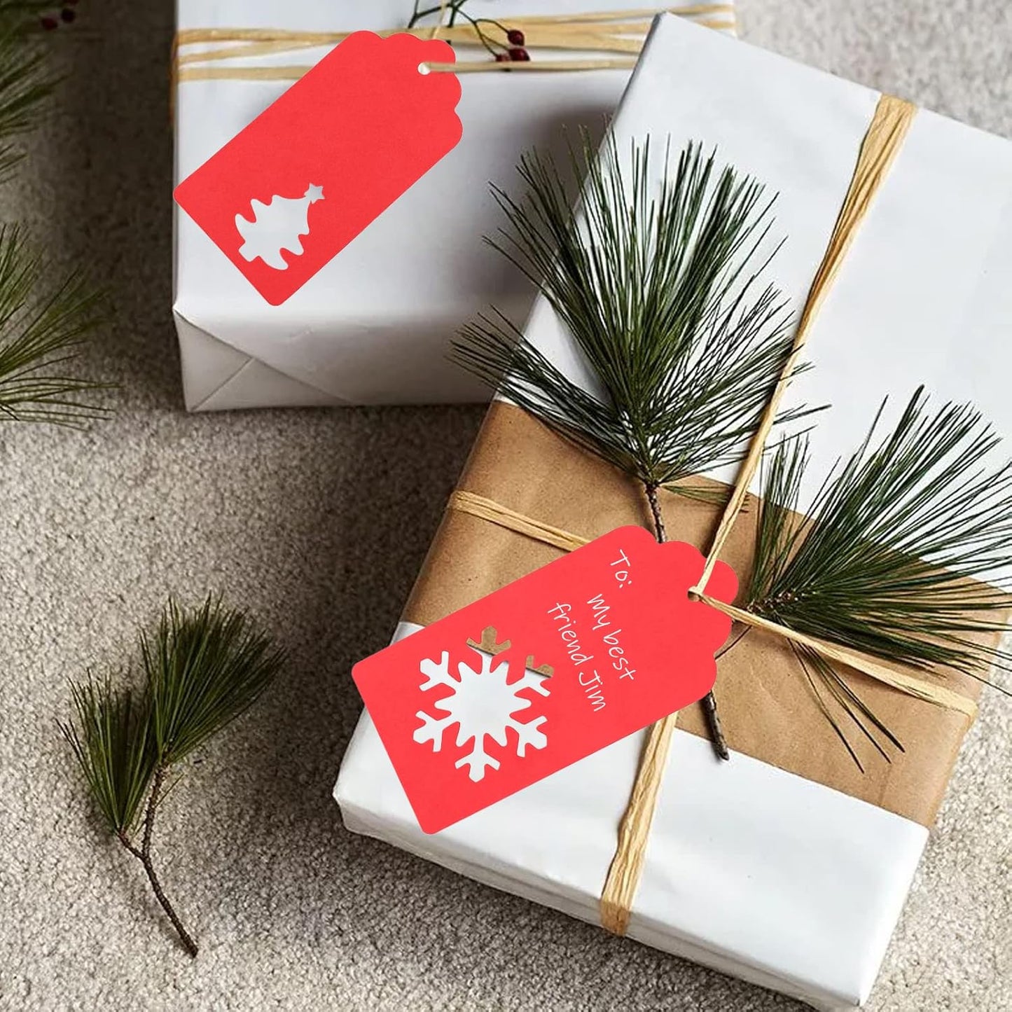 jijAcraft Christmas Gift Tags - 150Pcs Christmas Tags with String, Blank Red Paper Hollow Trees, Rudolph, Snowflake Shapes Holiday Labels for Xmas Party Favors, DIY Crafts, Jar