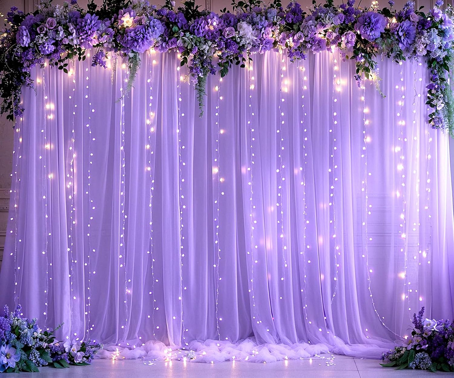 Purple Sheer Backdrop Curtains with Lights String for Baby Shower Girls 2 Panels 5×8ft Tulle Backdrop Curtain for Wedding Bridal Shower Elephant Birthday Party Photo Shoot Background Decorations