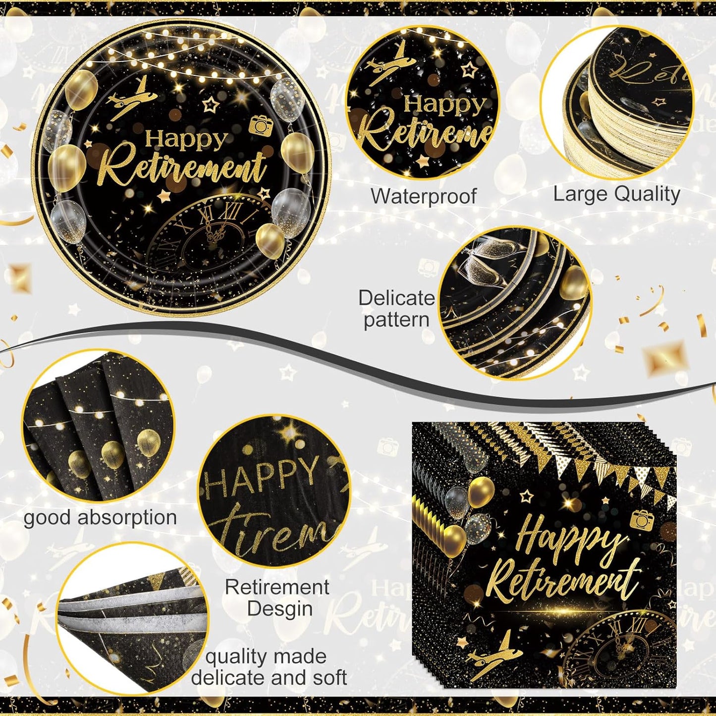 452 Pcs Black Gold Retirement Decorations Supplies for 50 Guests, Happy Retirement Paper Plates Napkins Cups Tablecloth Cutlery Straws Disposable Tableware Set for Men Women