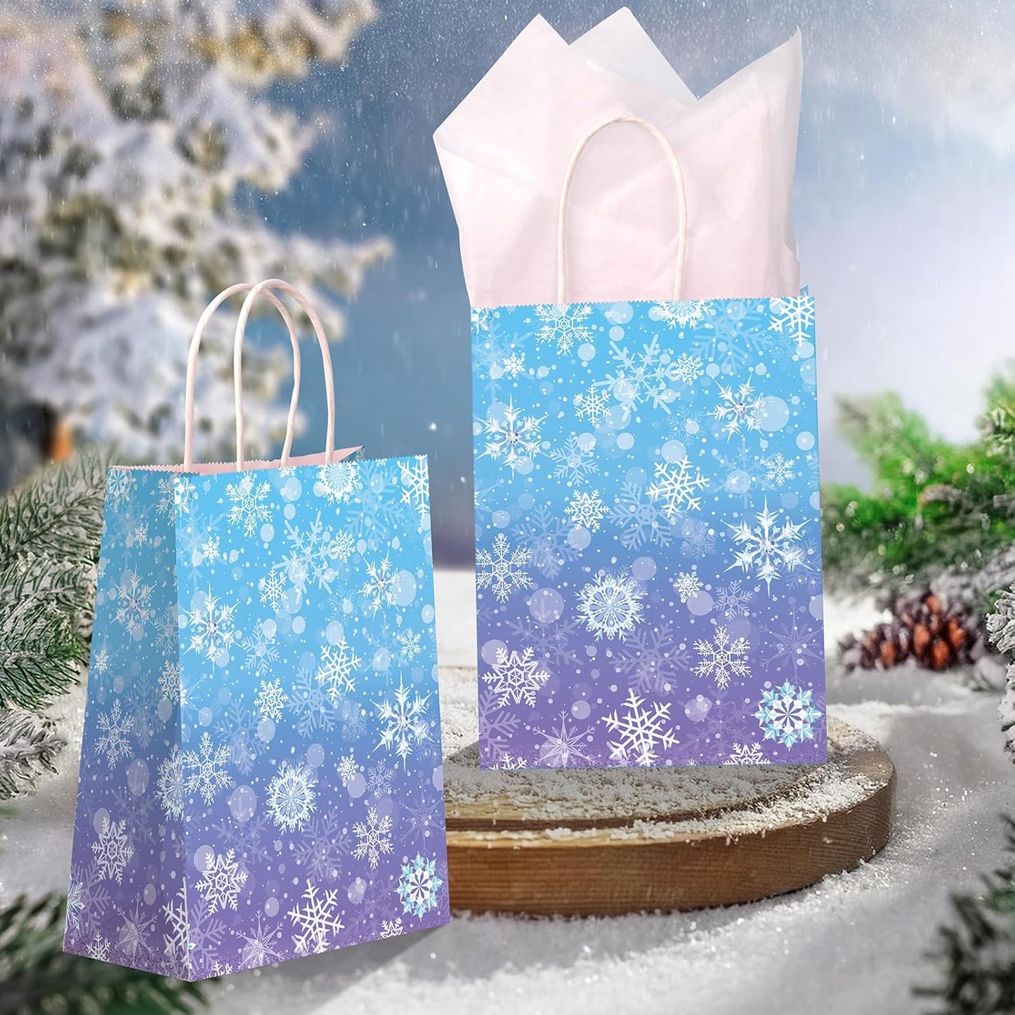 24 Pcs Winter Snowflake Gift Bags, Blue and Purple Snowflake Goodie Bags Bulk with 24 Tissue Paper, Holiday Kraft Paper Party Favor Bags with Handles for Birthday Christmas Winter Wonderland