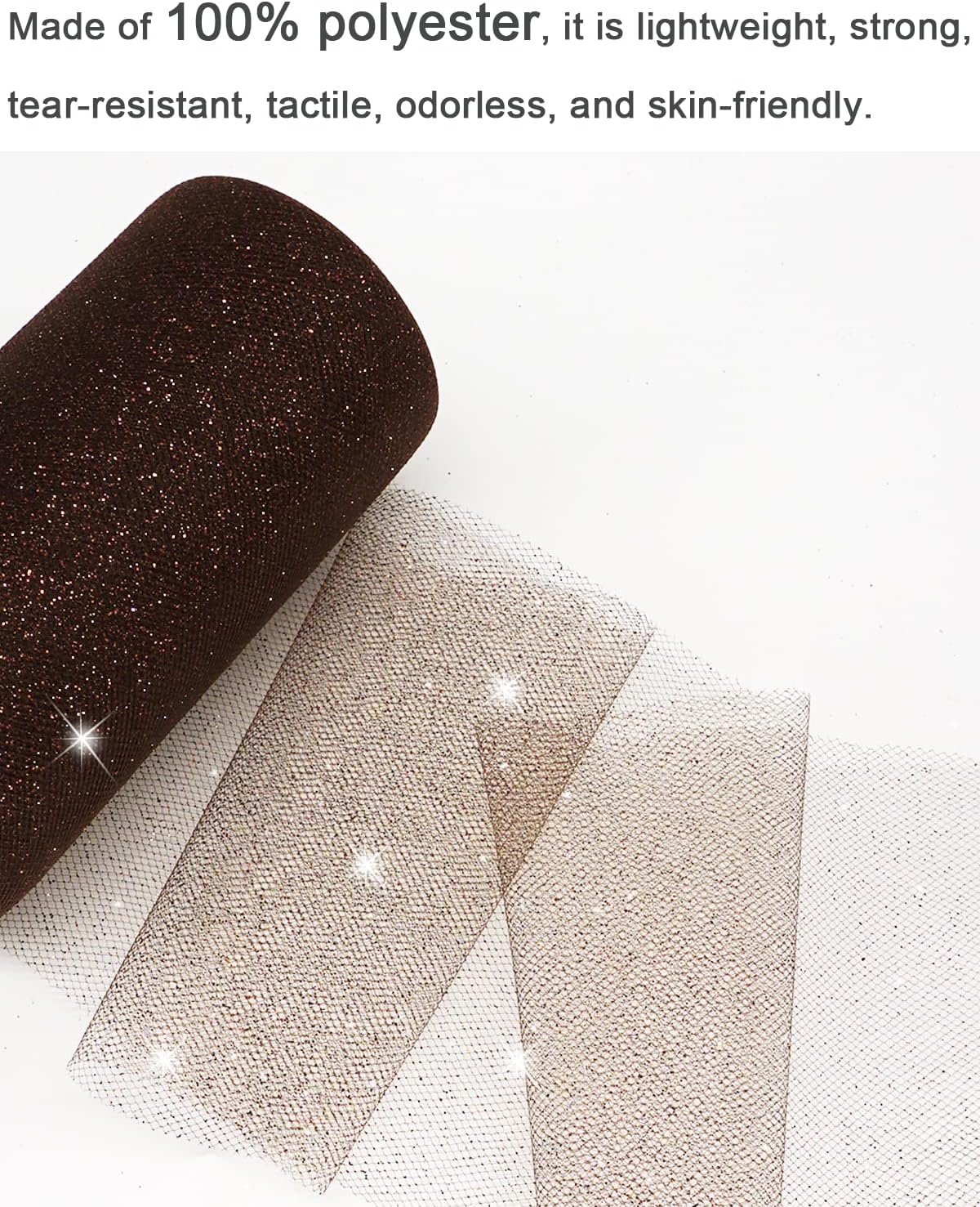 Glitter Tulle Fabric Rolls, 6 Inch 50 Yards (150ft) Sparkling Spool Ribbon Sequin Netting for Tutu Skirt Gift Wrapping Wedding Party Decoration (Brown)