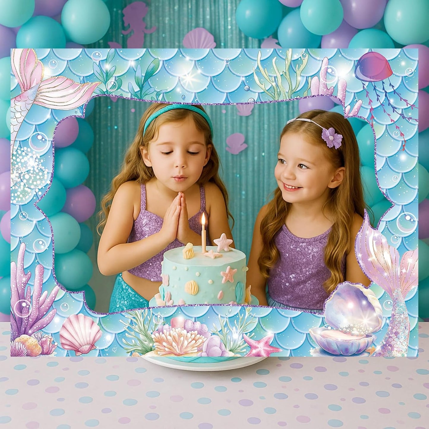 Upgraded 32 x 24 Inch Large Mermaid Photo Booth Props Picture Frame Vintage Photo Frame Friends Selfie Props for Halloween Carnival Christmas Wedding Mexico Party Favors(Mermaid Style)