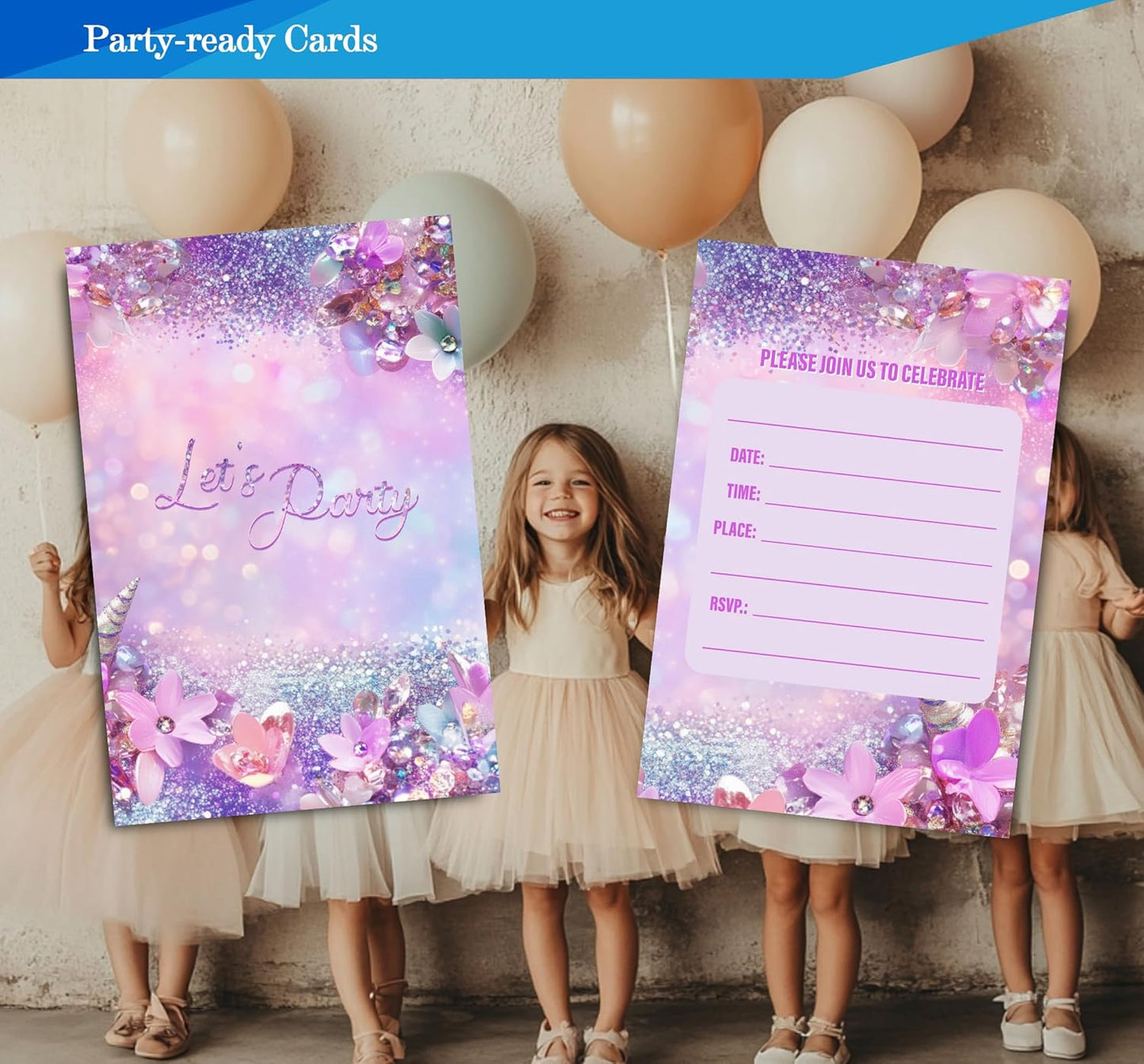 Pink Birthday Invitations for Girls, Modern Sparkle Birthday Party Invitaions for Party Invites, 4x6 Inches, 30 Sets with Envelopes