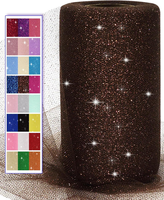 Glitter Tulle Fabric Rolls, 6 Inch 50 Yards (150ft) Sparkling Spool Ribbon Sequin Netting for Tutu Skirt Gift Wrapping Wedding Party Decoration (Brown)