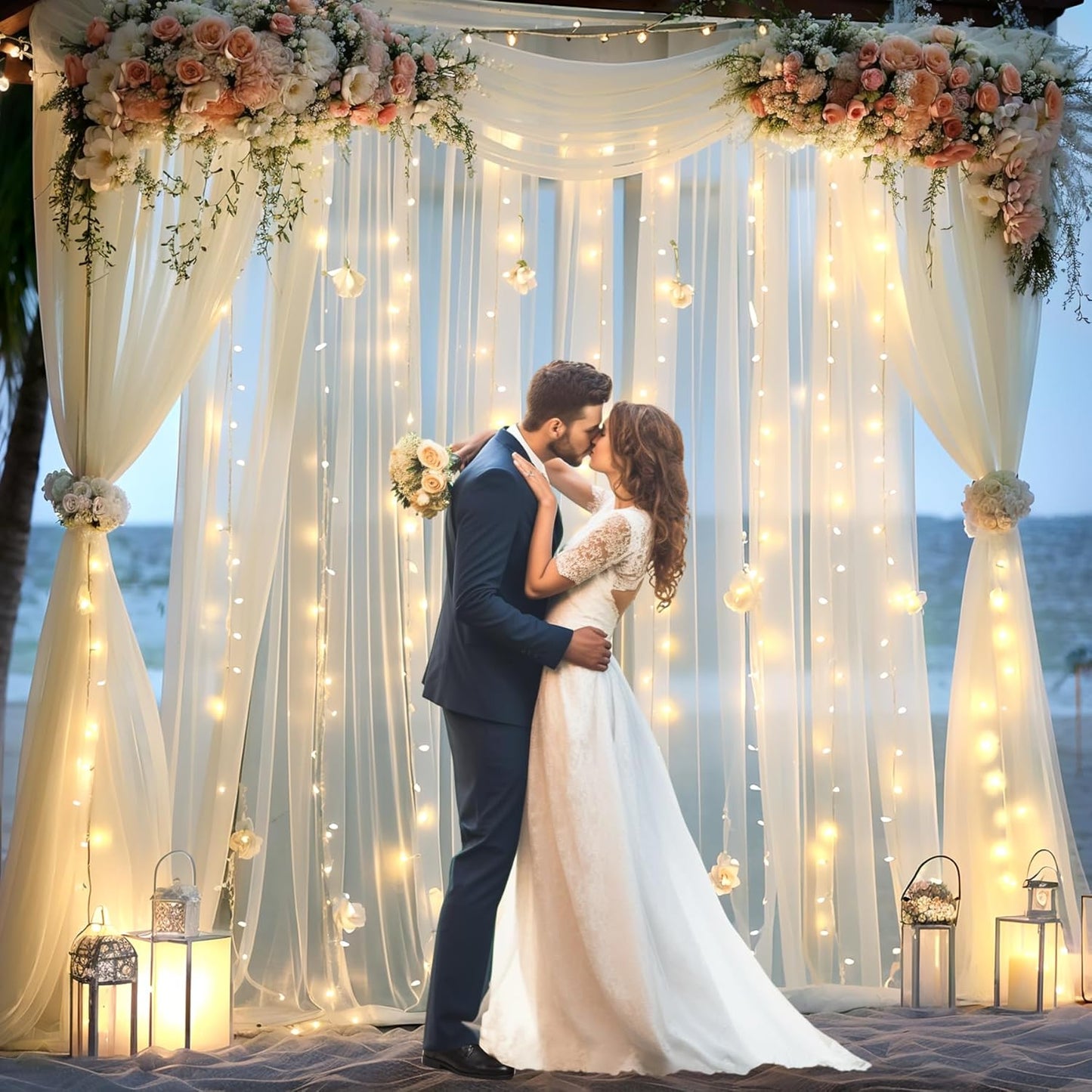 10ft x 10ft Ivory Tulle Photo Backdrop Curtain with Lights String for Parties Wedding Sheer Ivory Curtain Backdrop for Birthday Party Bridal Shower Photo Booth Photography Background Decorations