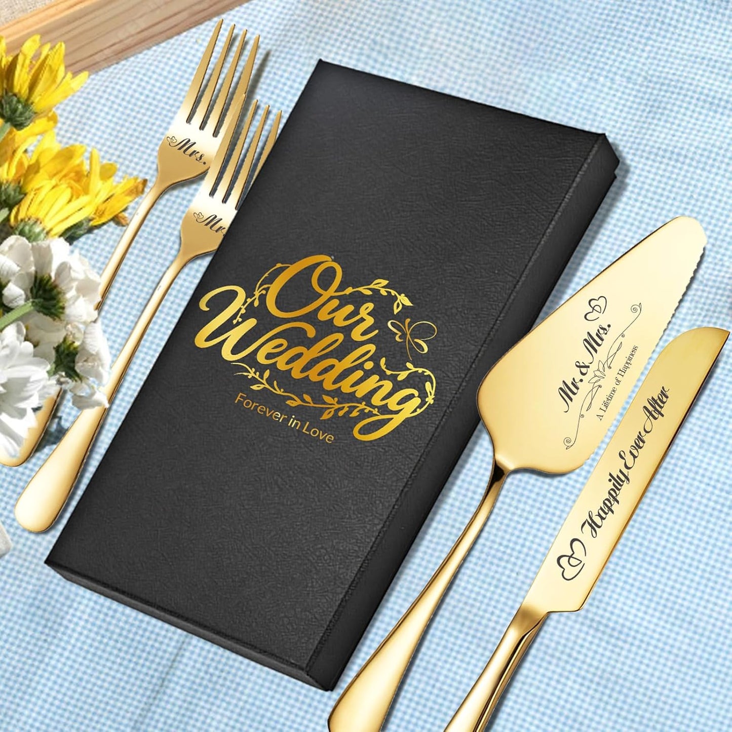 Personalized Wedding Cake Knife and Server Set, Wedding Gold Cake Cutting Set with Stainless Steel Forks, Customized Bridal Anniversary Birthday Wedding Registry Gifts for Couple (Non-customized)