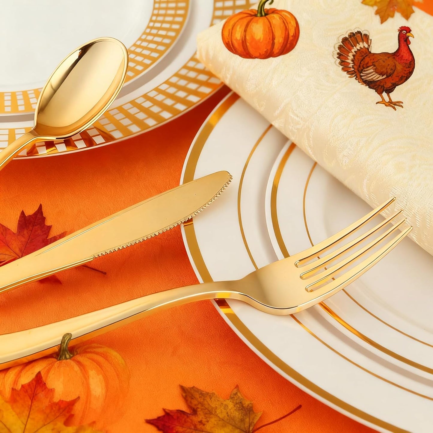 WDF 120 Pieces Gold Plastic Silverware - Disposable Flatware Set - Heavy Duty Thanksgiving Plastic Cutlery - Silverware Includes 40 Forks, 40 Spoons, 40 Knives