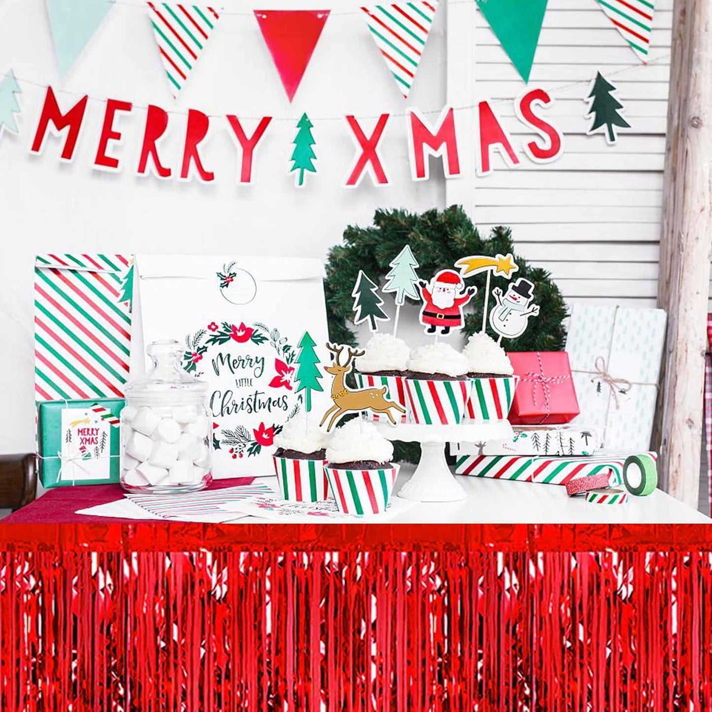 3 Pack 29 x108 Inch Red Foil Fringe Table Skirts Metallic Banner for Tinsel Streamer Garland Backdrop for Parade Floats Mother's Day, Graduate, Birthday, Wedding Party Decoration