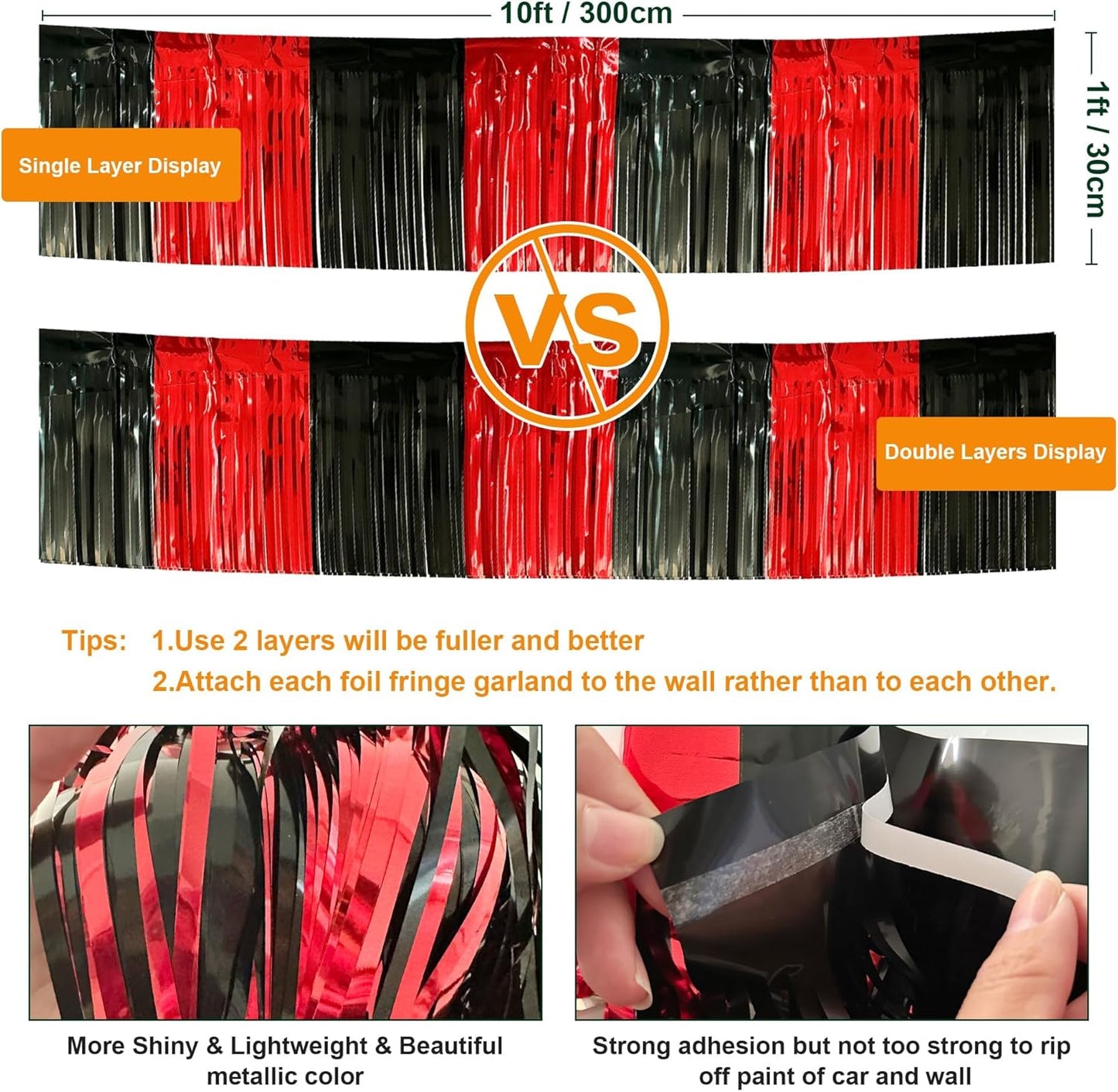 4 Pack 10 Feet Black Red Parade Floats Foil Fringe Garland Metallic Tinsel Streamers Banner Fringe Curtain Banner for Halloween Graduation Homecoming Birthday Party Decorations (Black, Red)