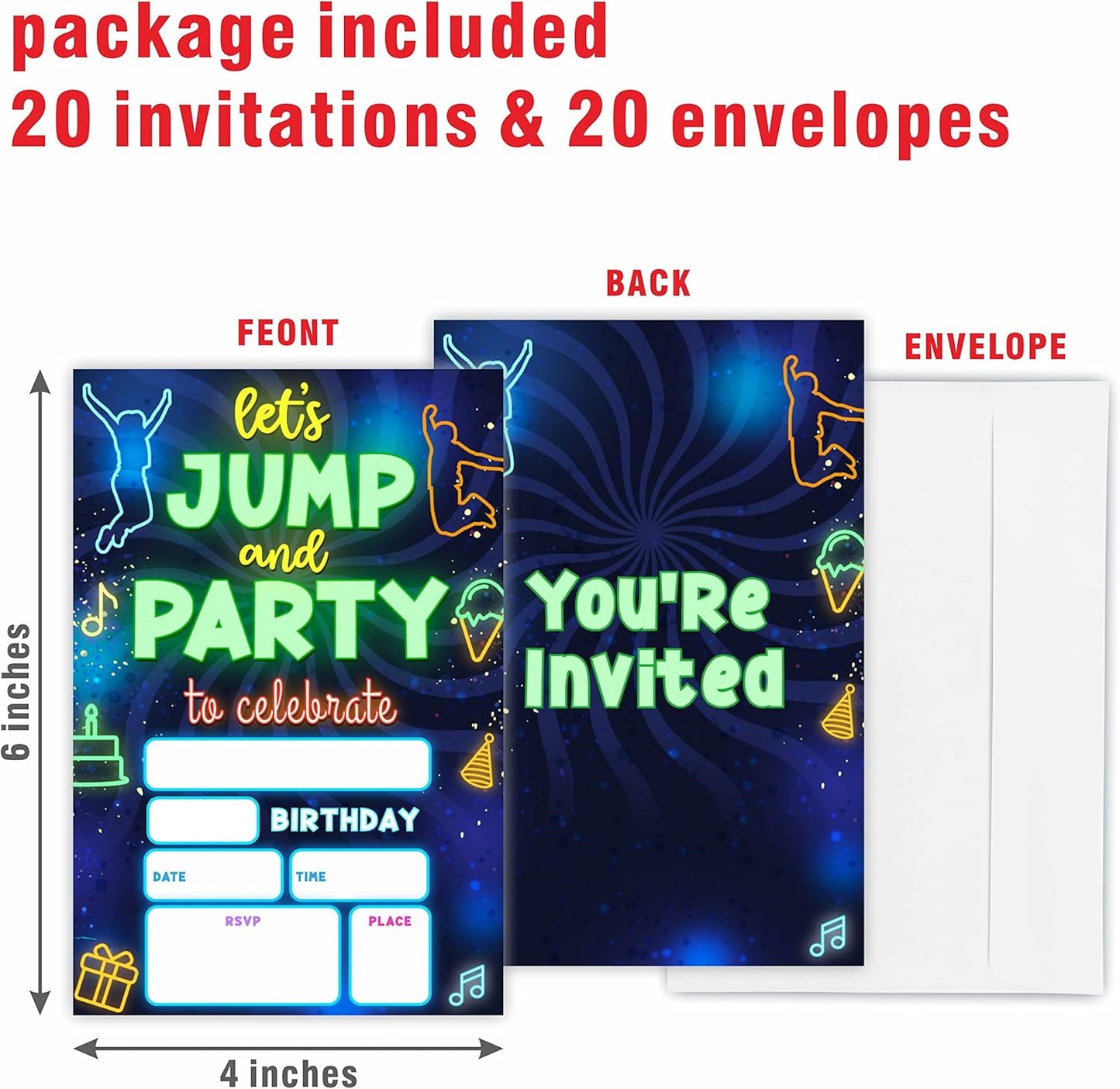Glow Trampoline Birthday Invitations, Let's Jump & Party Birthday Invite Cards（20 Count) With Envelopes, Neon Double-Sided Fill In Style Invite Cards For Boys & Girls, Birthday Party Supplies-B07