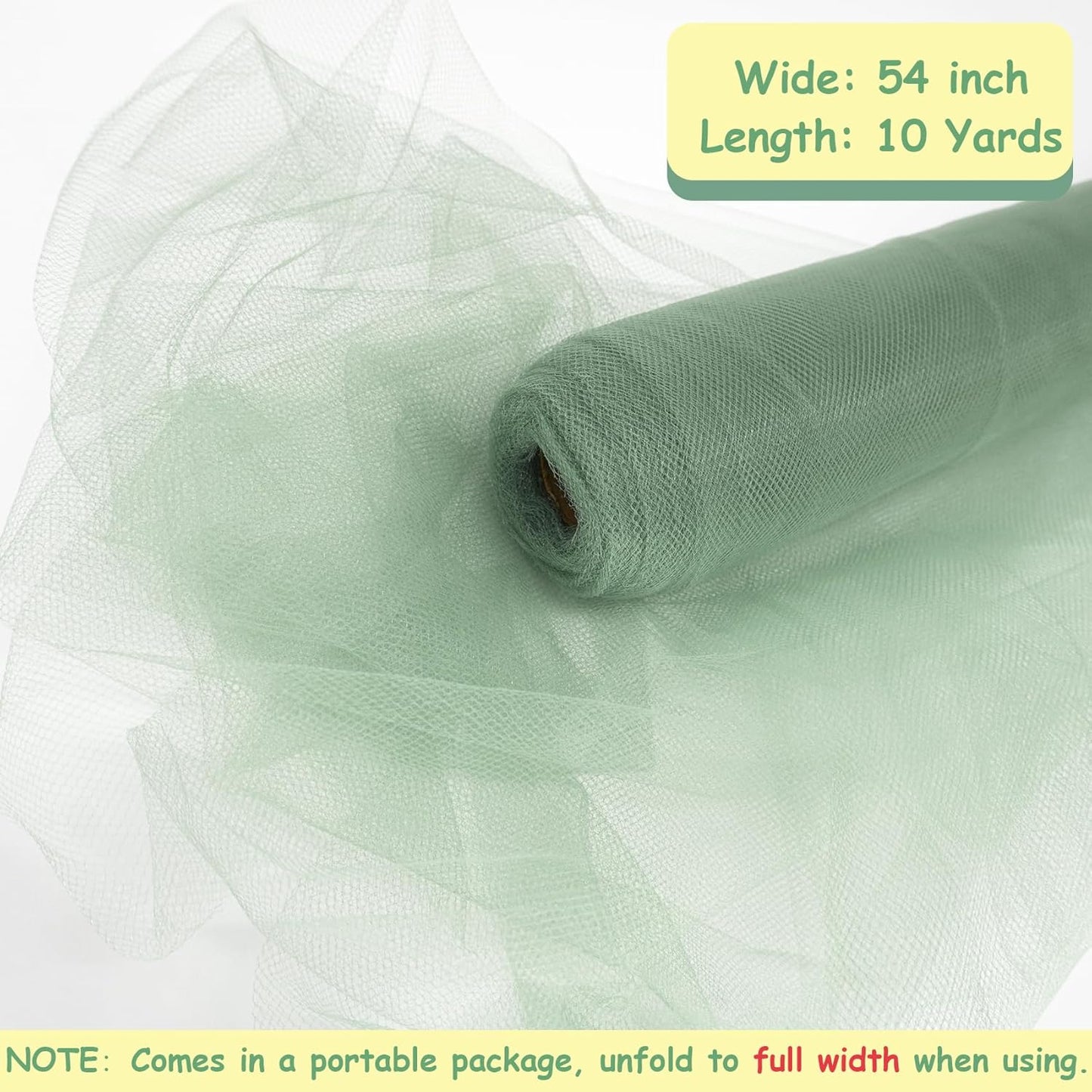 Tulle Fabric Rolls, 54 Inch by 10 Yards (30 ft) Tulle Ribbon for Wedding Party Decoration Sheer Fabric Spool Bolt, Ceiling Decor, Tutu Skirt, Christmas Gift Wrapping, Soft & Drape (Sage Green)