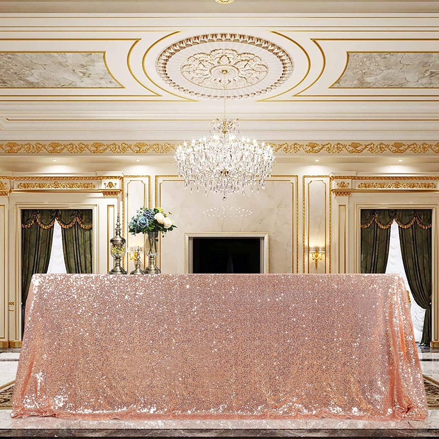 QueenDream Tablecloth 90x156 Rectangle Sequin Table Cloth Rose Gold Wedding Table Linens Glitter Birthday Bridal Party Indoor Outdoor Decorations