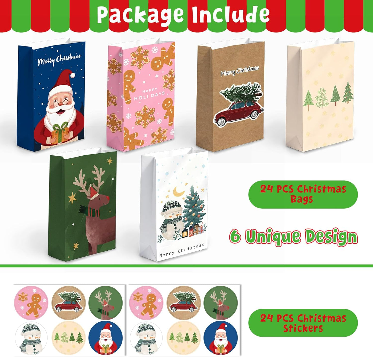 Riccioofy Christmas Treat Bags - 24 PCS Gift Bags with Stickers | CHRISTMAS Bags for Gifts | Xmas Party Favors for Kids | Small Christmas Gift Bags Assorted Sizes Baskets Decorations